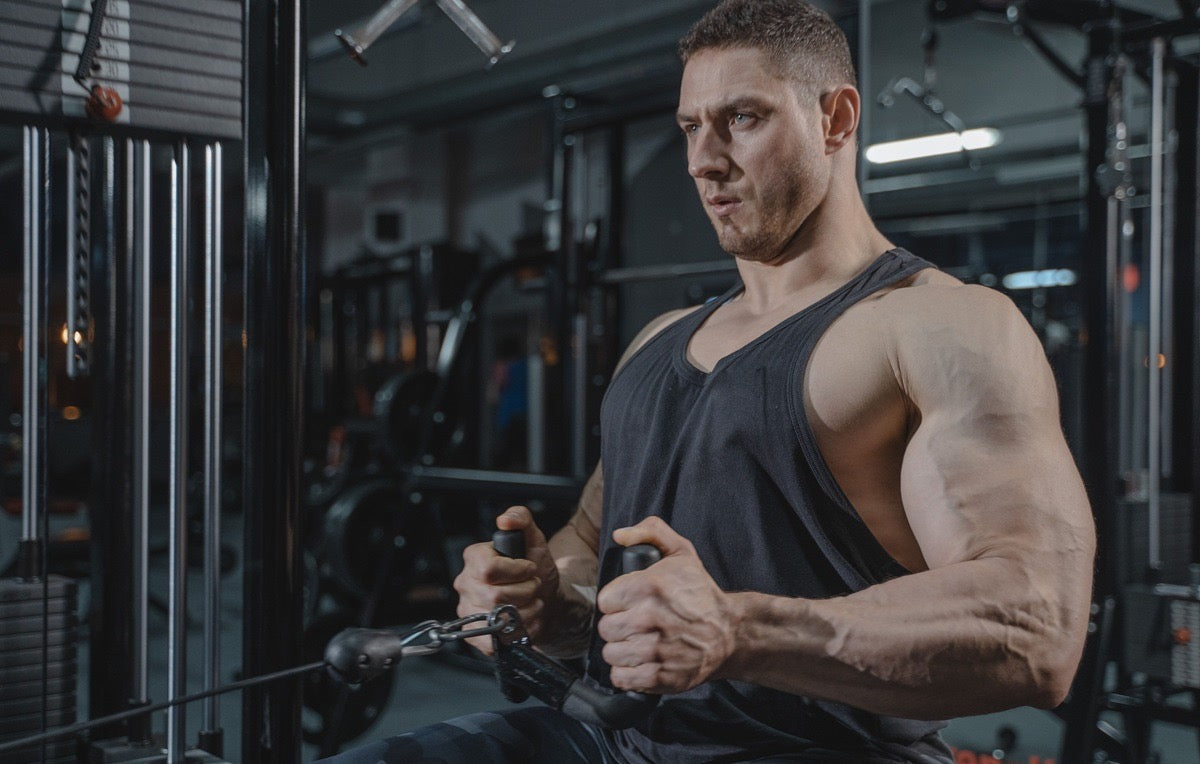 Man performing a seated cable row during a pull session, one of the three days in a PPL split
