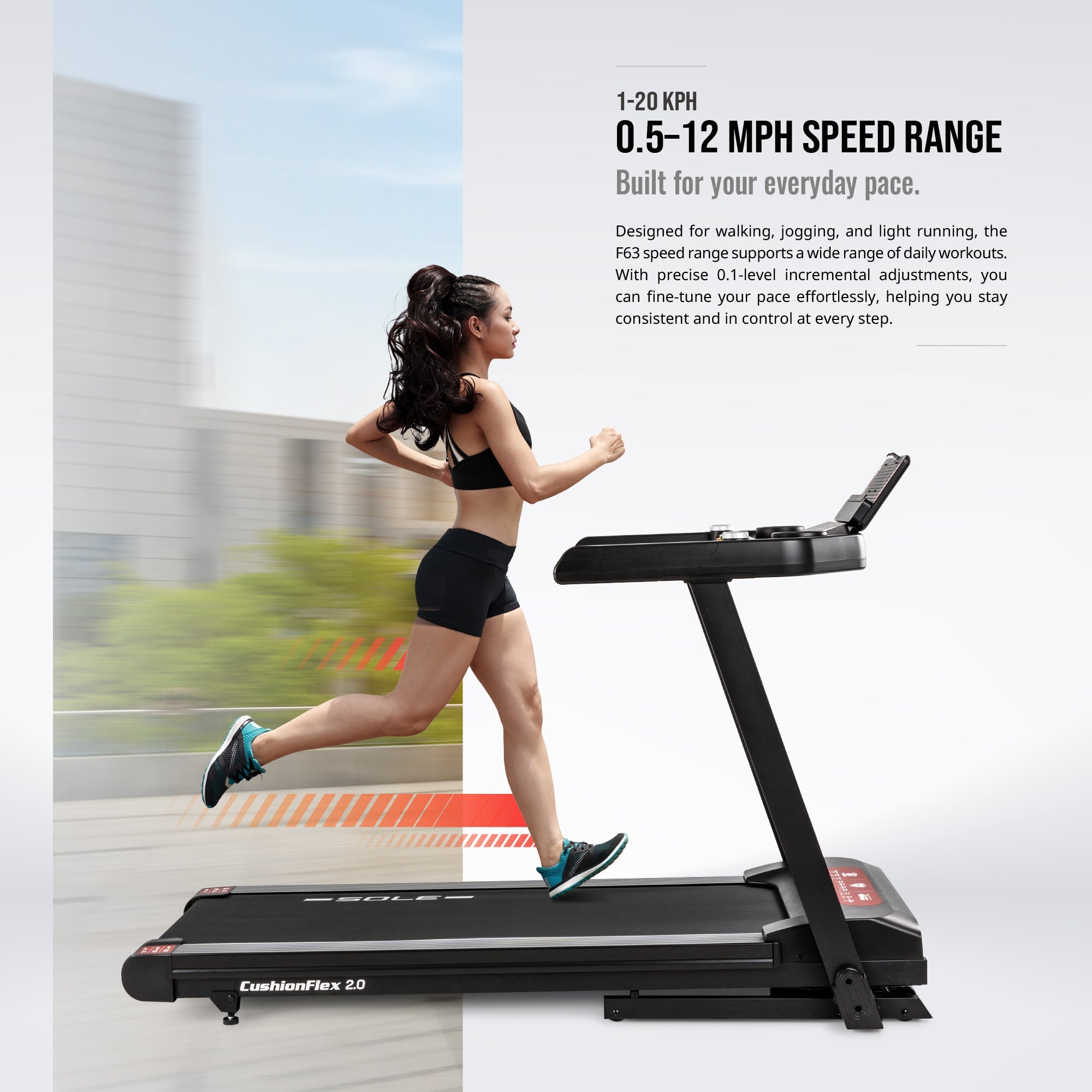 SOLE F63 Treadmill feature infographic