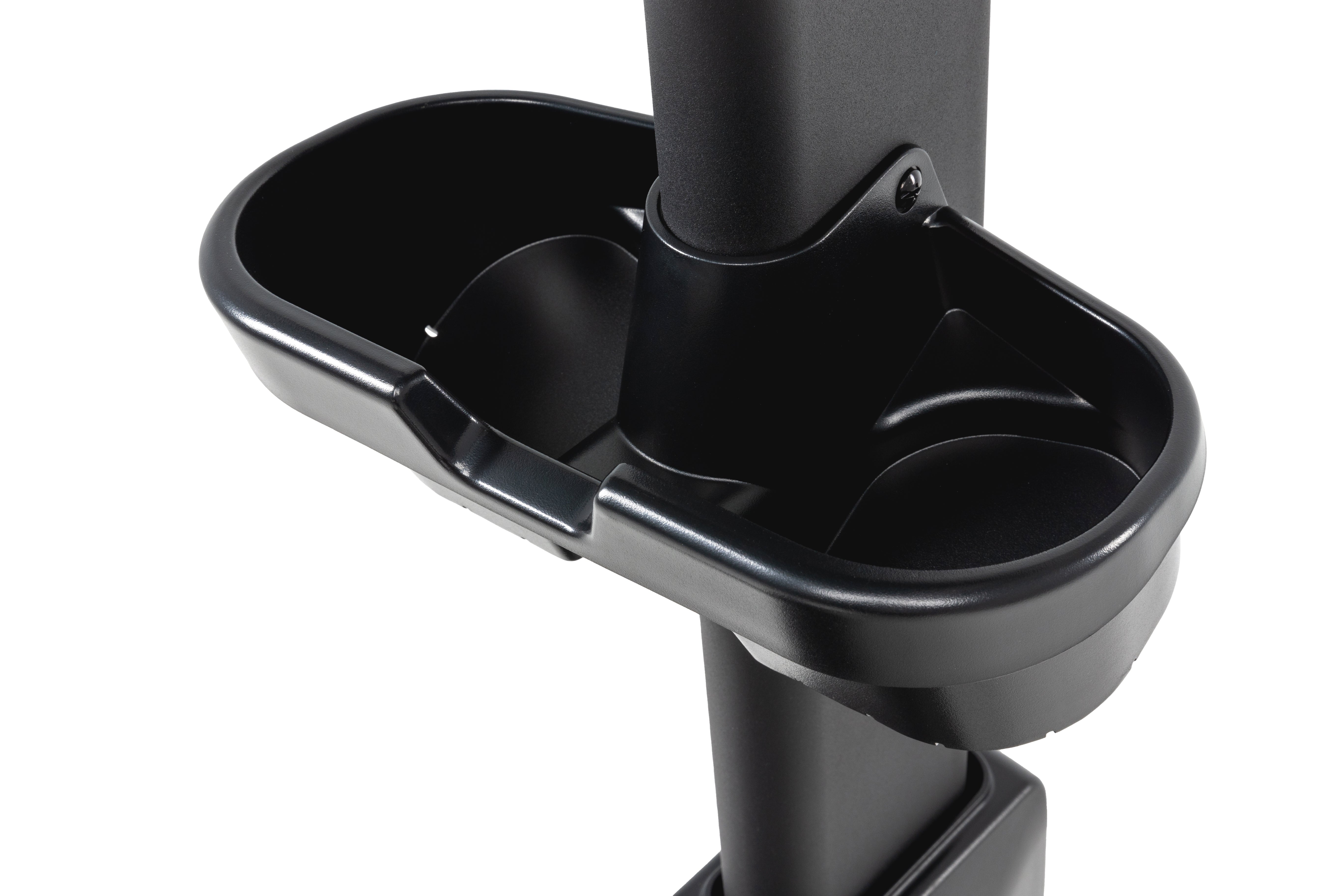 Close-up view of the Sole B94 exercise machine's black cup holder with a partition and glossy finish, attached to a matte pole.