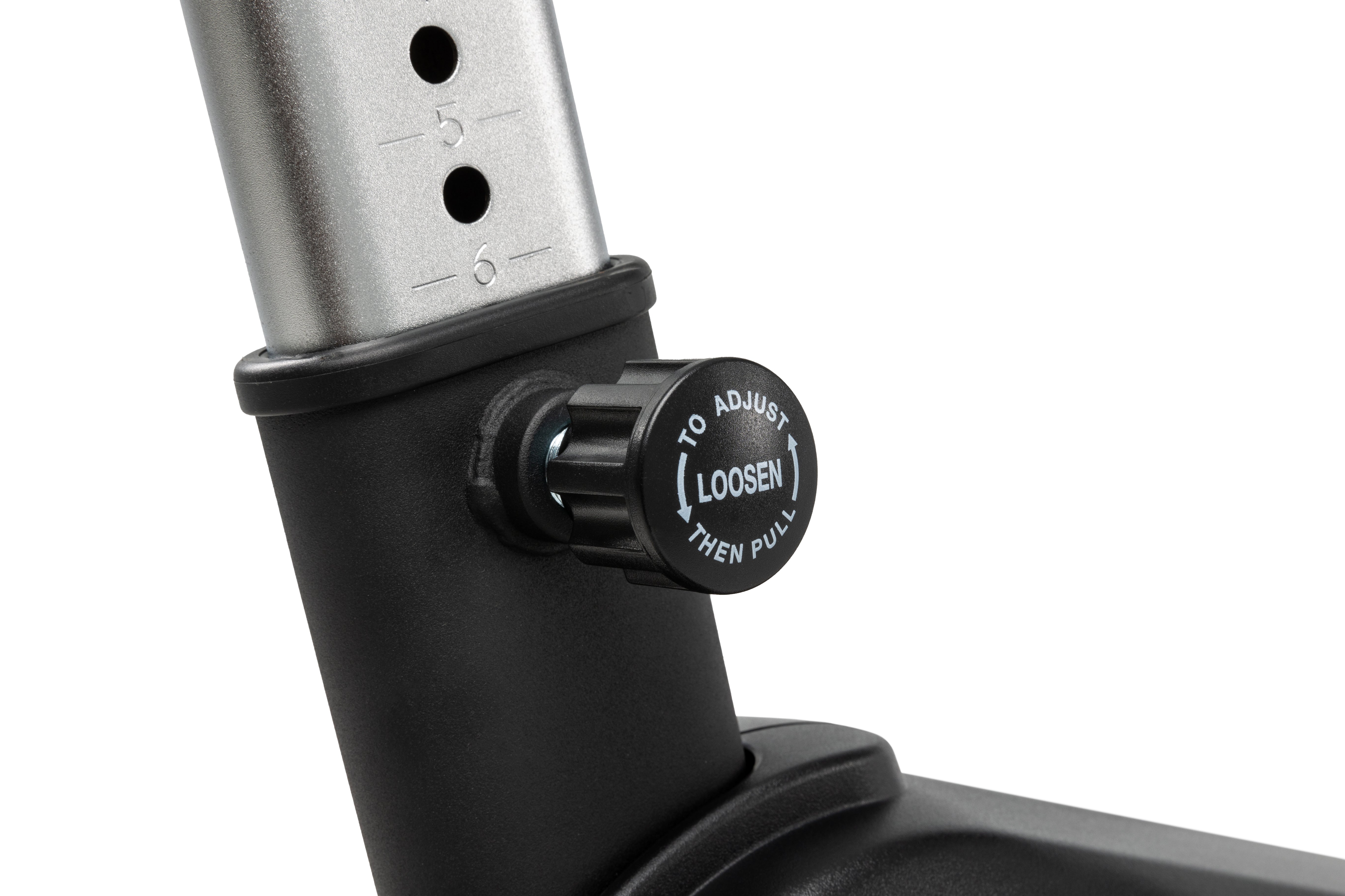 Detail of the Sole B94 exercise machine's adjustable height mechanism, showing a metallic column with numbered holes '5' and '6', and a black knob labeled 'TO ADJUST LOOSEN THEN PULL' on a matte black base.