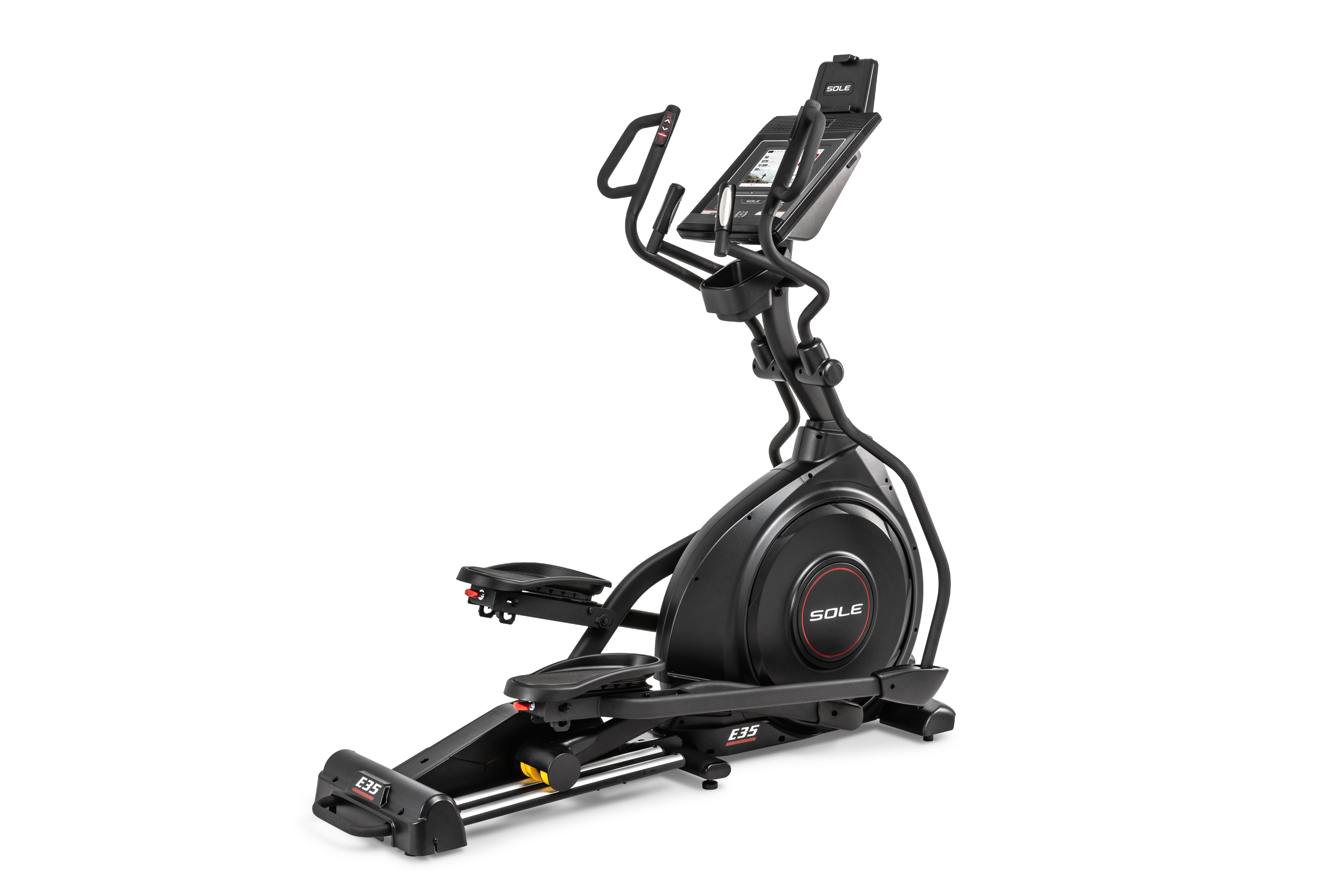 Sole E35 elliptical machine, featuring its digital display panel, dual handlebars, black frame, prominent 'SOLE' branding on the flywheel, and 'E35' logo on the base and foot pedals.