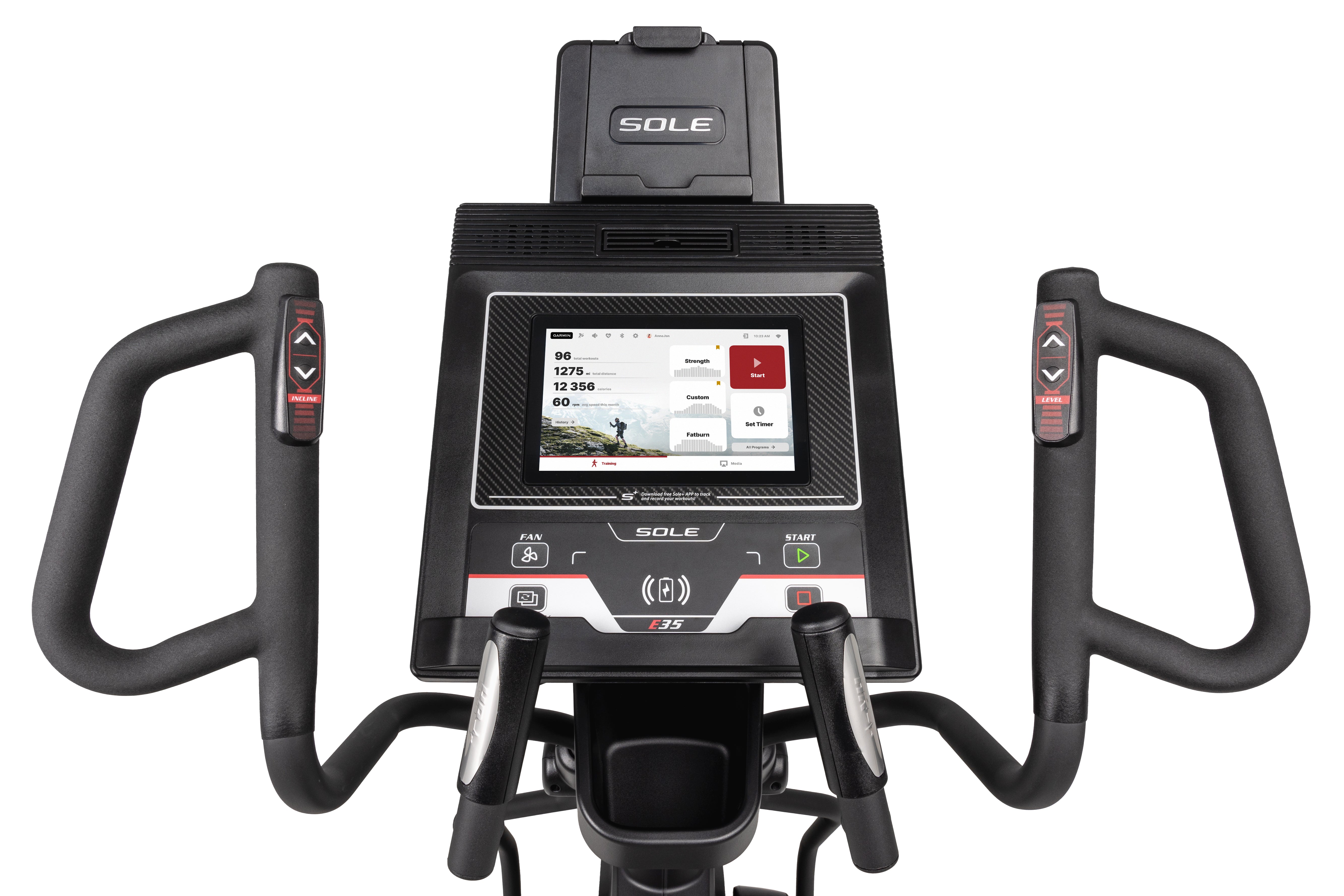 Close-up view of the Sole E35 elliptical machine's console area. The digital touchscreen displays fitness metrics with a map interface. Surrounding buttons include fan control, start, and labeled "E35". Flanking the console are cushioned handlebars with heart rate sensors, each adorned with red arrowed buttons for adjustments. The design is predominantly black with silver and red accents.