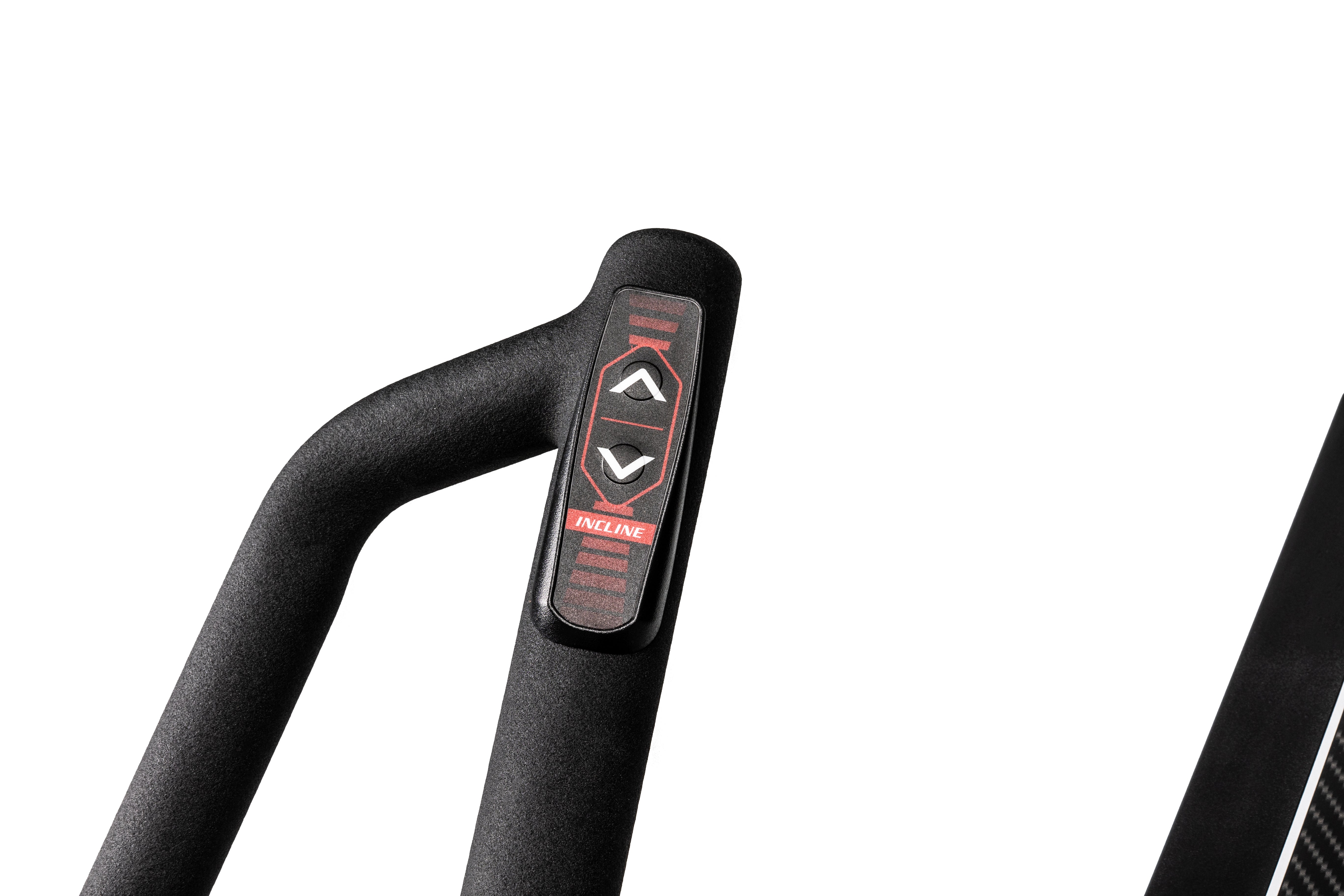 Close-up of the Sole E35 elliptical machine's handlebar, focusing on the textured grip and the "INCLINE" control buttons. The buttons are outlined in red, featuring upward and downward arrows for incline adjustments. The background is primarily white with a hint of another part of the elliptical in the corner.
