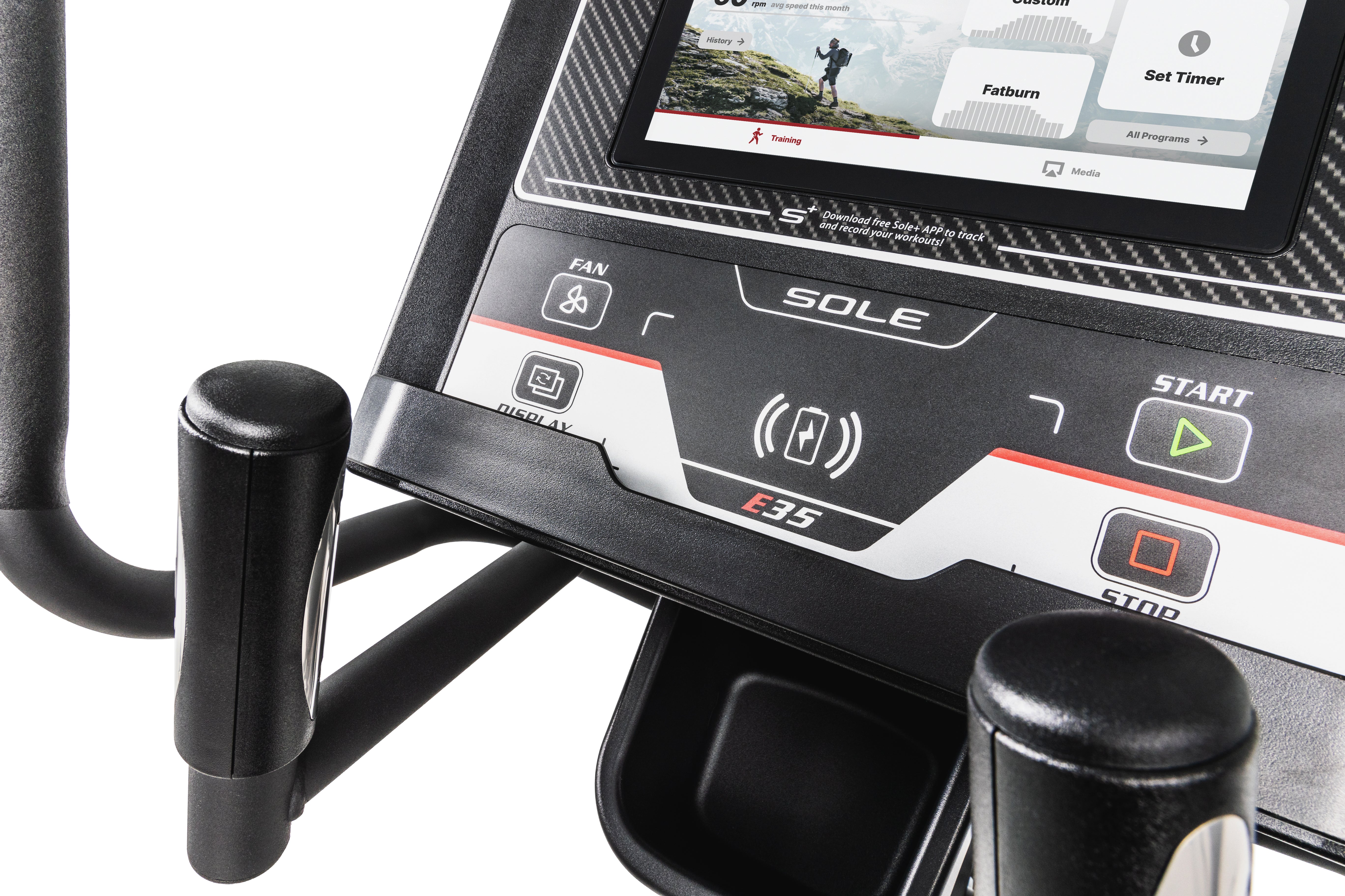 Side view of the Sole E35 elliptical trainer showcasing its sleek design, adjustable pedals, and control panel.