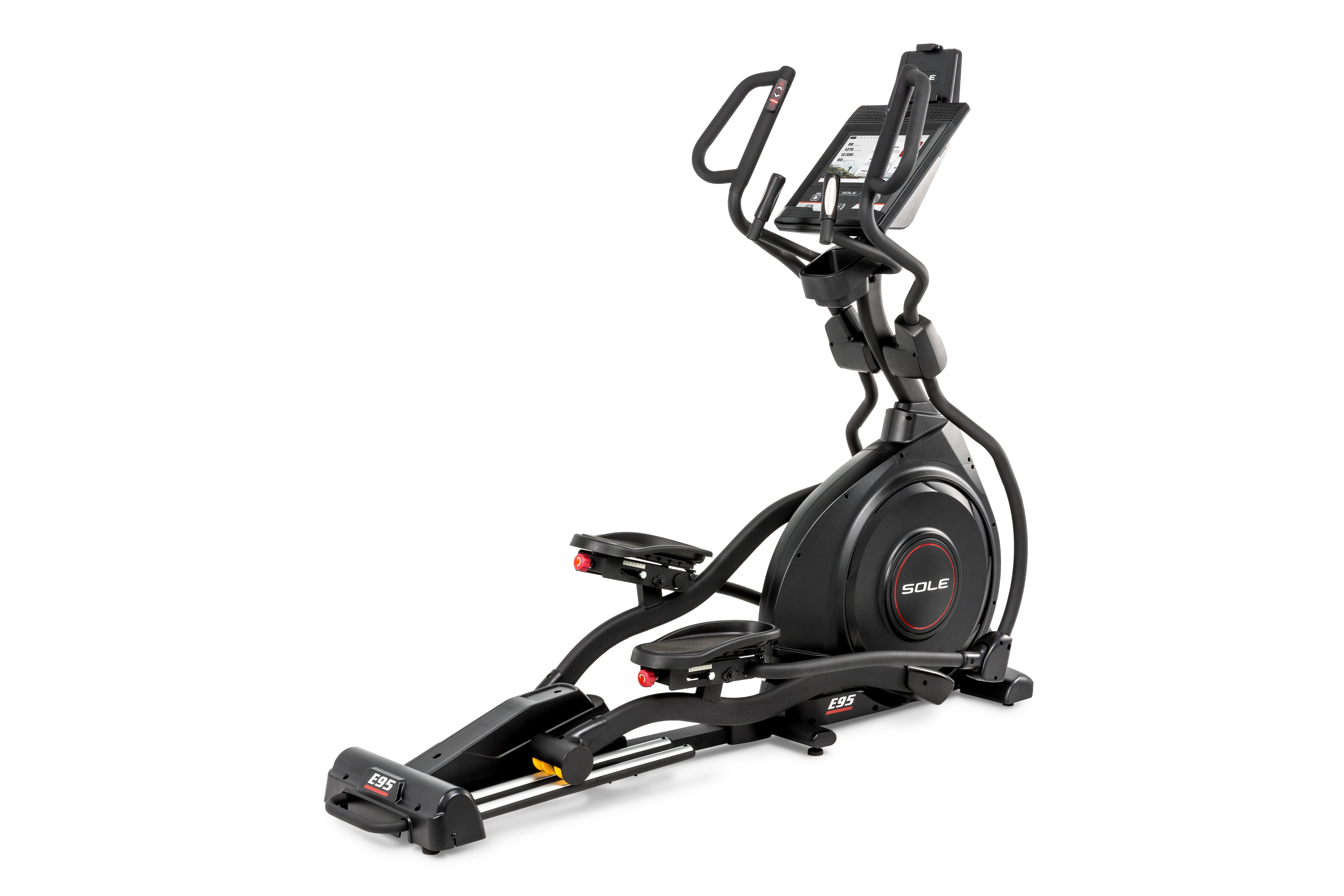 Side view of the Sole E95 elliptical machine, showcasing its sleek black design with a large flywheel housing branded 'SOLE'. The machine features adjustable foot pedals with red dials, dual handlebars with integrated controls, and an elevated console displaying workout metrics.