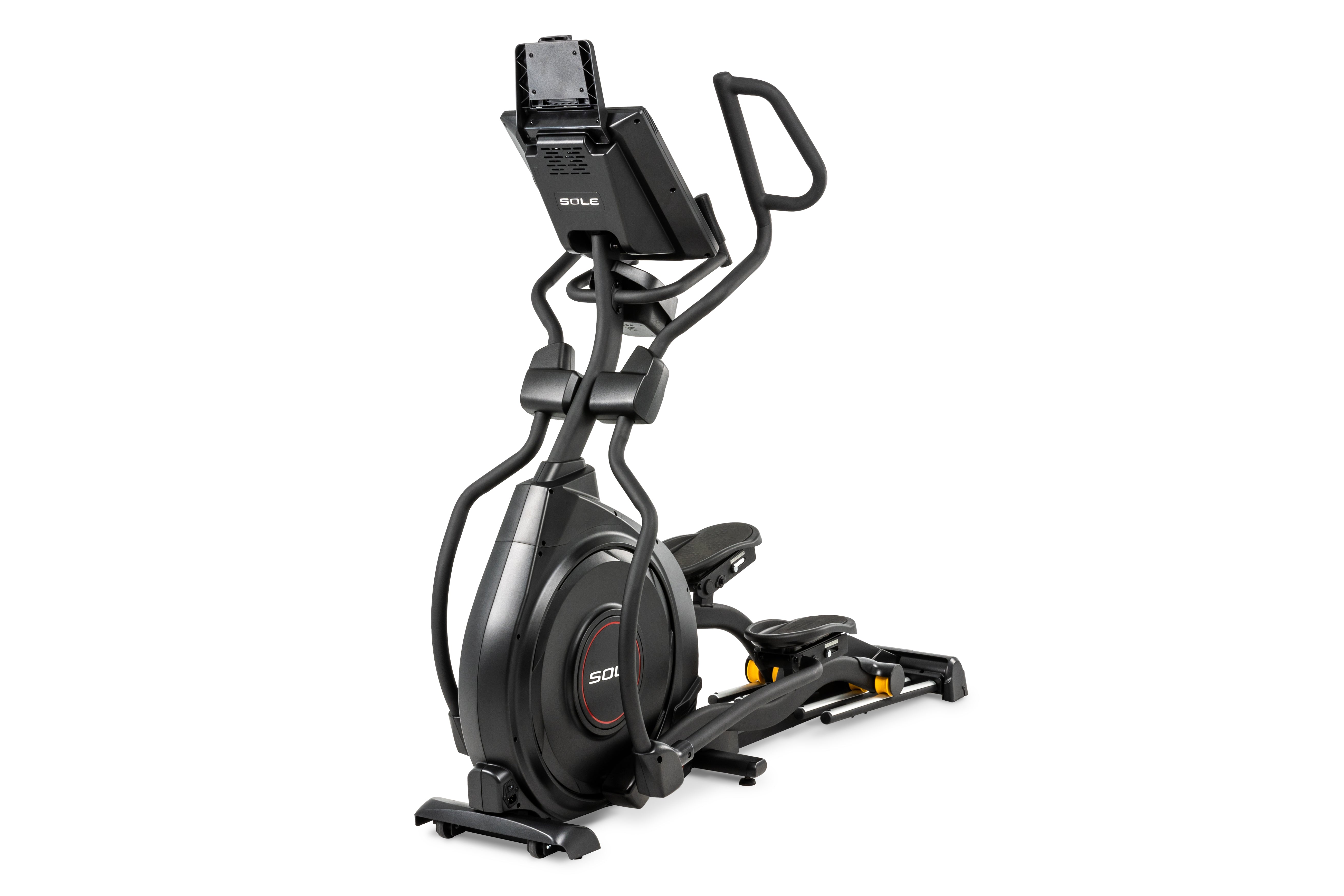 An image of the Sole E95 elliptical trainer, featuring a sleek black design with prominent SOLE branding on the flywheel, a digital display mounted at the top, and ergonomic handlebars.