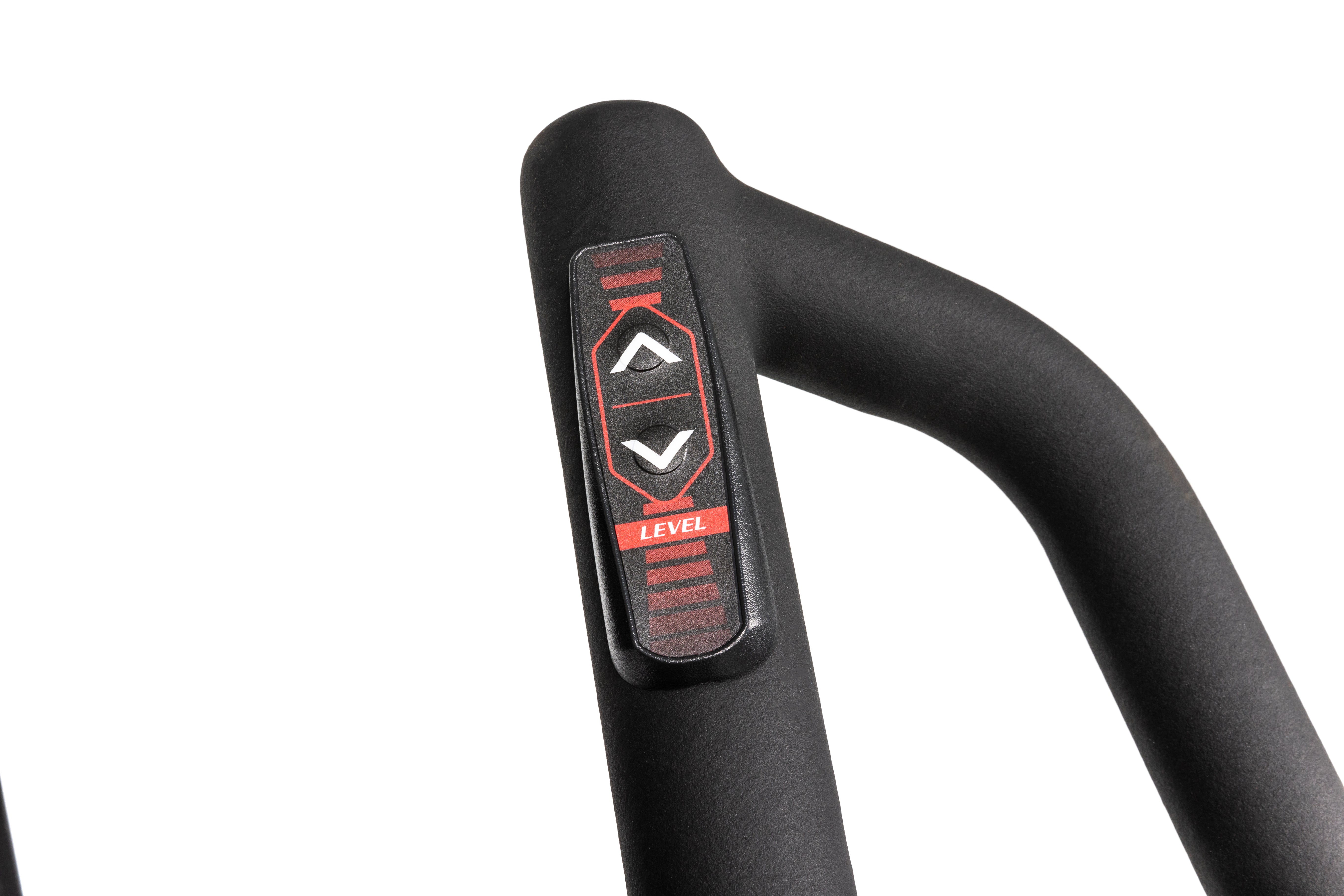 Close-up view of the Sole E95 elliptical trainer's handlebar, showcasing the 'LEVEL' control buttons. The button panel is red with white arrow symbols pointing up and down for resistance adjustments. The handlebar has a matte black finish.