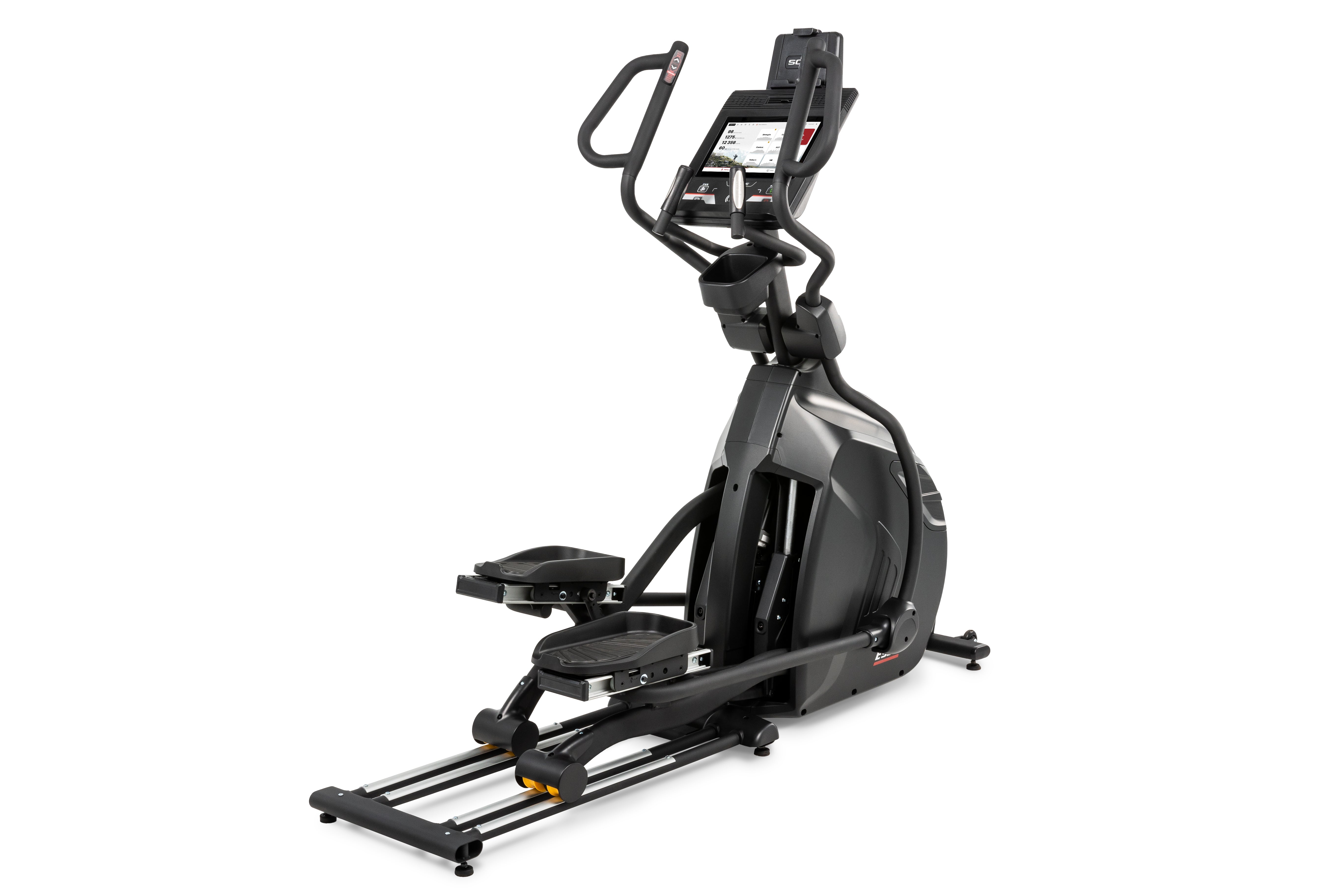 Angled view of the Sole E95S elliptical trainer featuring its adjustable foot pedals, ergonomic handlebars, a digital display screen, a central dark gray housing, and a black base with stabilizing wheels and a yellow folding release lever.
