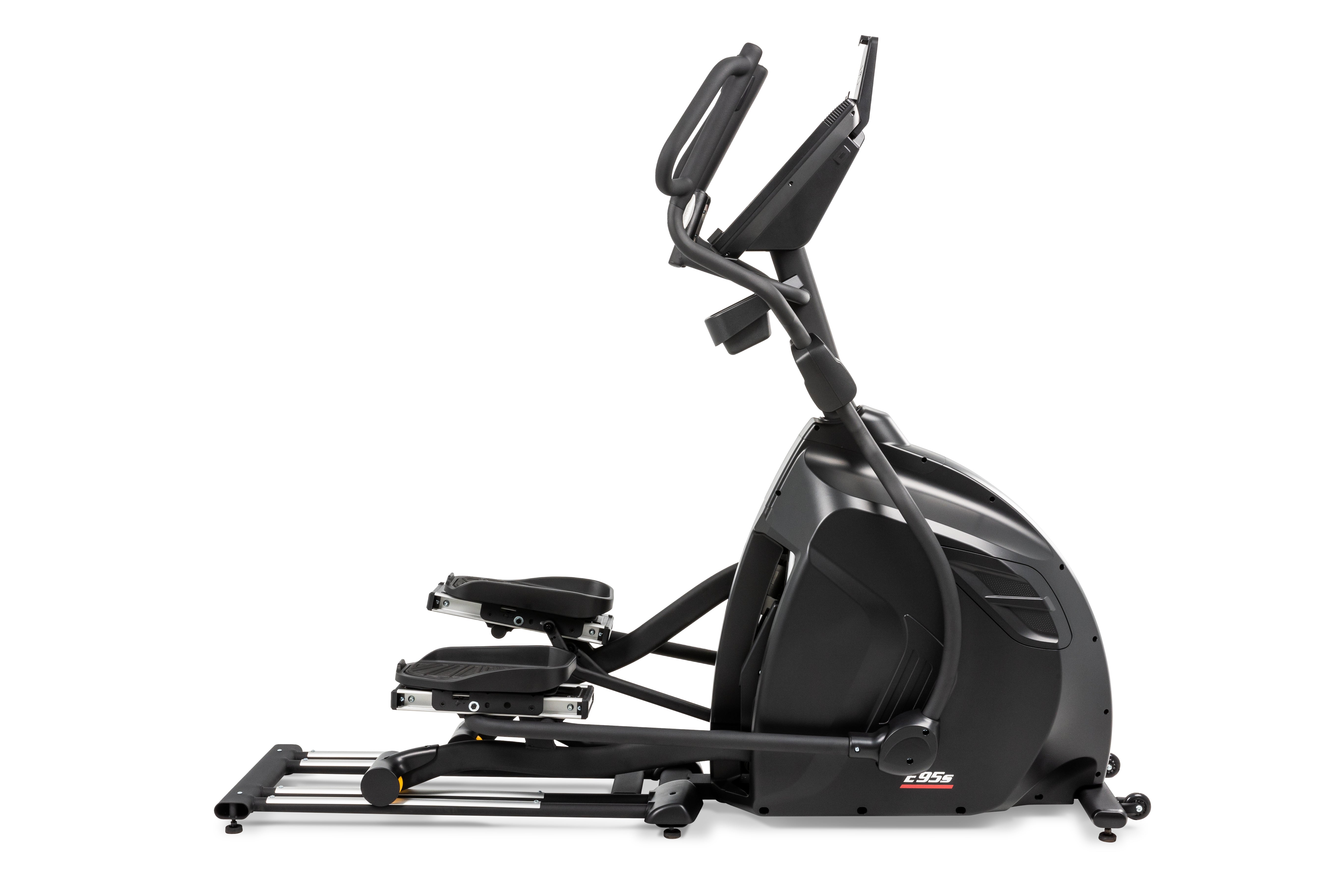 Side profile of the Sole E95S elliptical machine showcasing its sleek black design, adjustable foot pedals, curved handlebars, a prominent digital display panel, and a sturdy base with a yellow folding release lever and wheels for mobility.