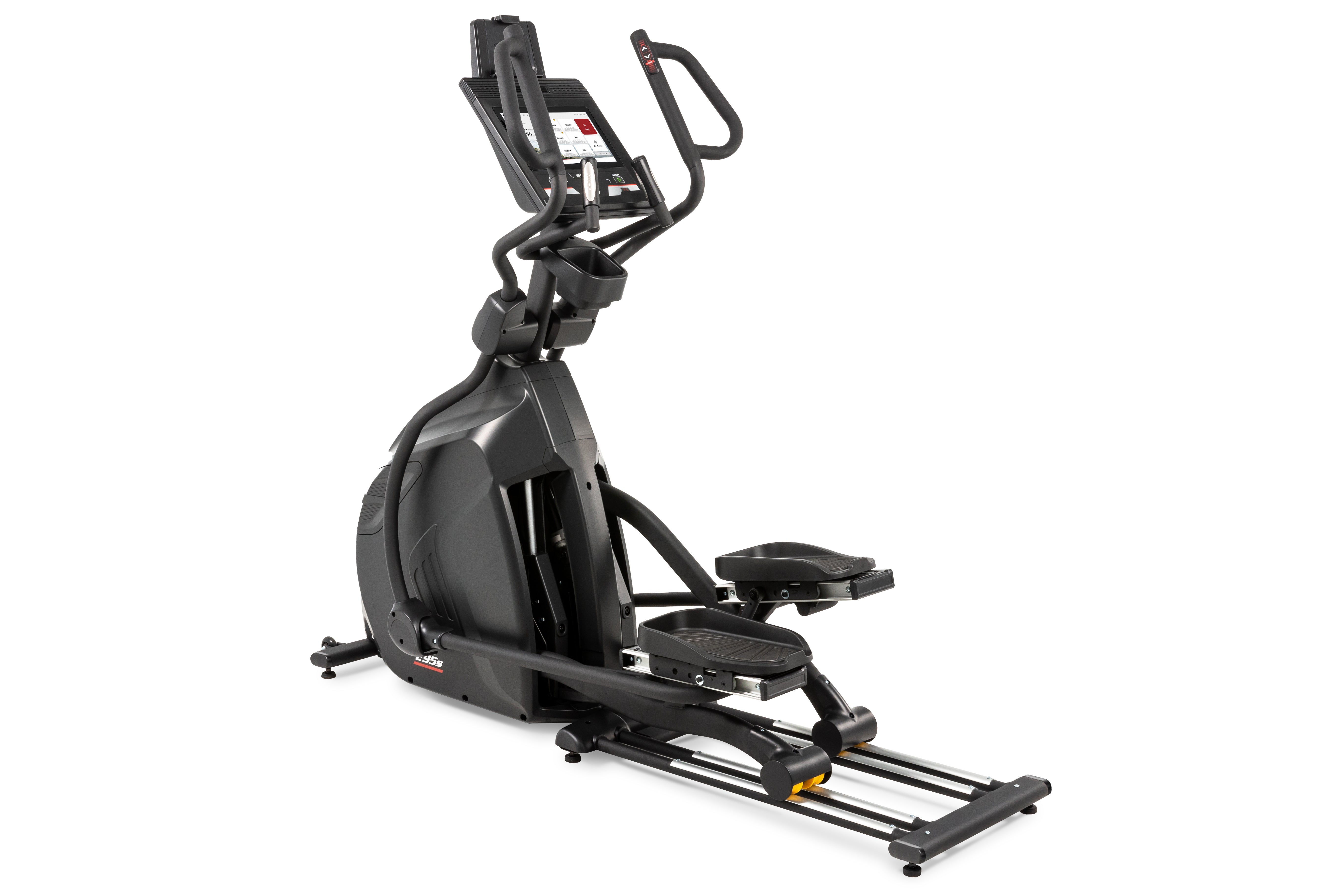 Angled view of the Sole E95S elliptical trainer featuring its adjustable foot pedals, ergonomic handlebars, a digital display screen, a central dark gray housing, and a black base with stabilizing wheels and a yellow folding release lever.