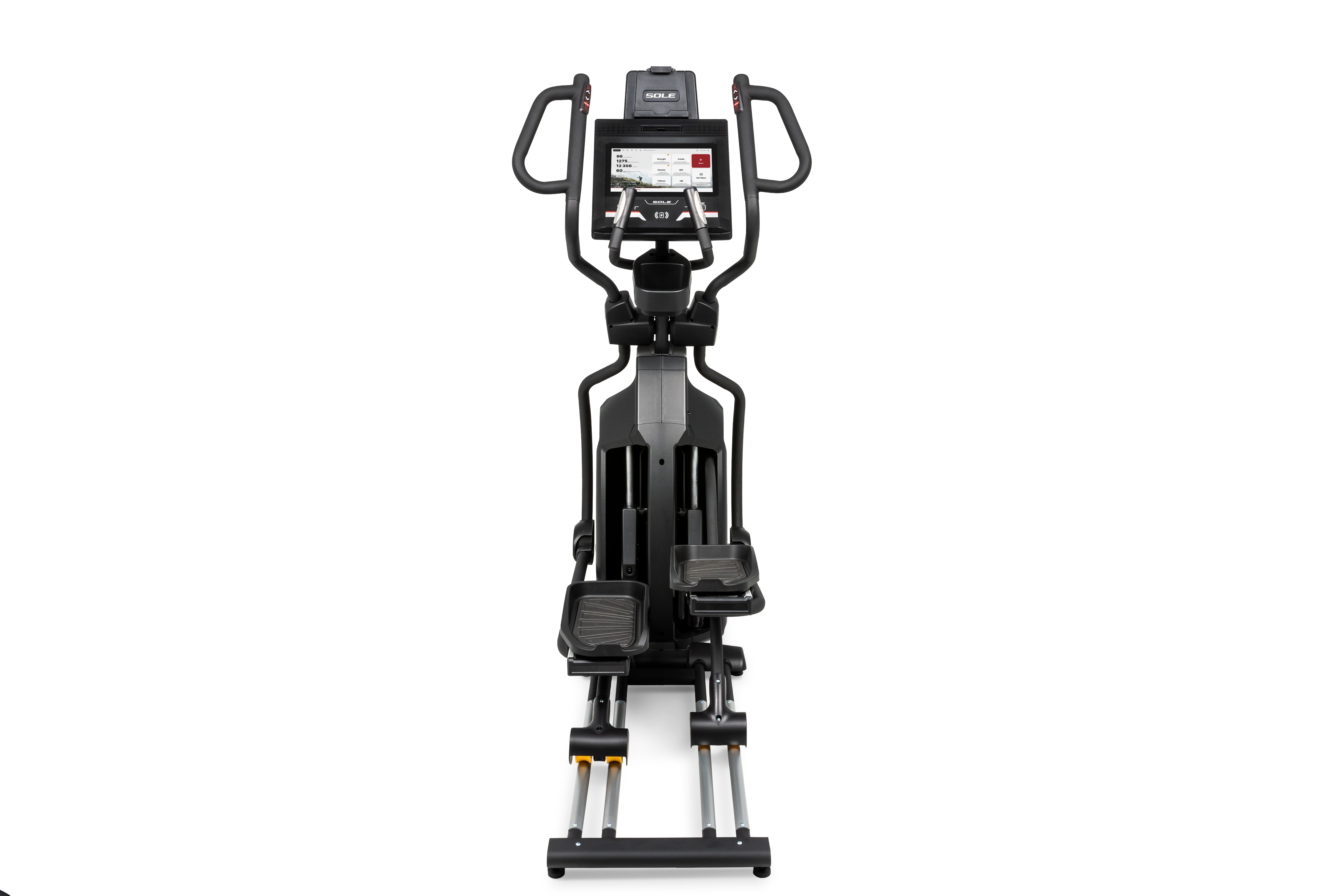 Frontal view of the Sole E95S elliptical machine showcasing its digital screen with workout metrics, dual handlebars, central column with adjustable footrests, and a sturdy base with yellow rollers.
