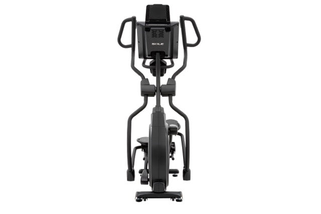 Front view of the Sole E98 elliptical trainer showing its handlebars, digital console, foot pedals, and slim profile, against a white background.