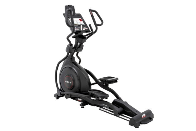 Sole E98 elliptical trainer with adjustable handles, digital display, and foot pedals, set against a white background.