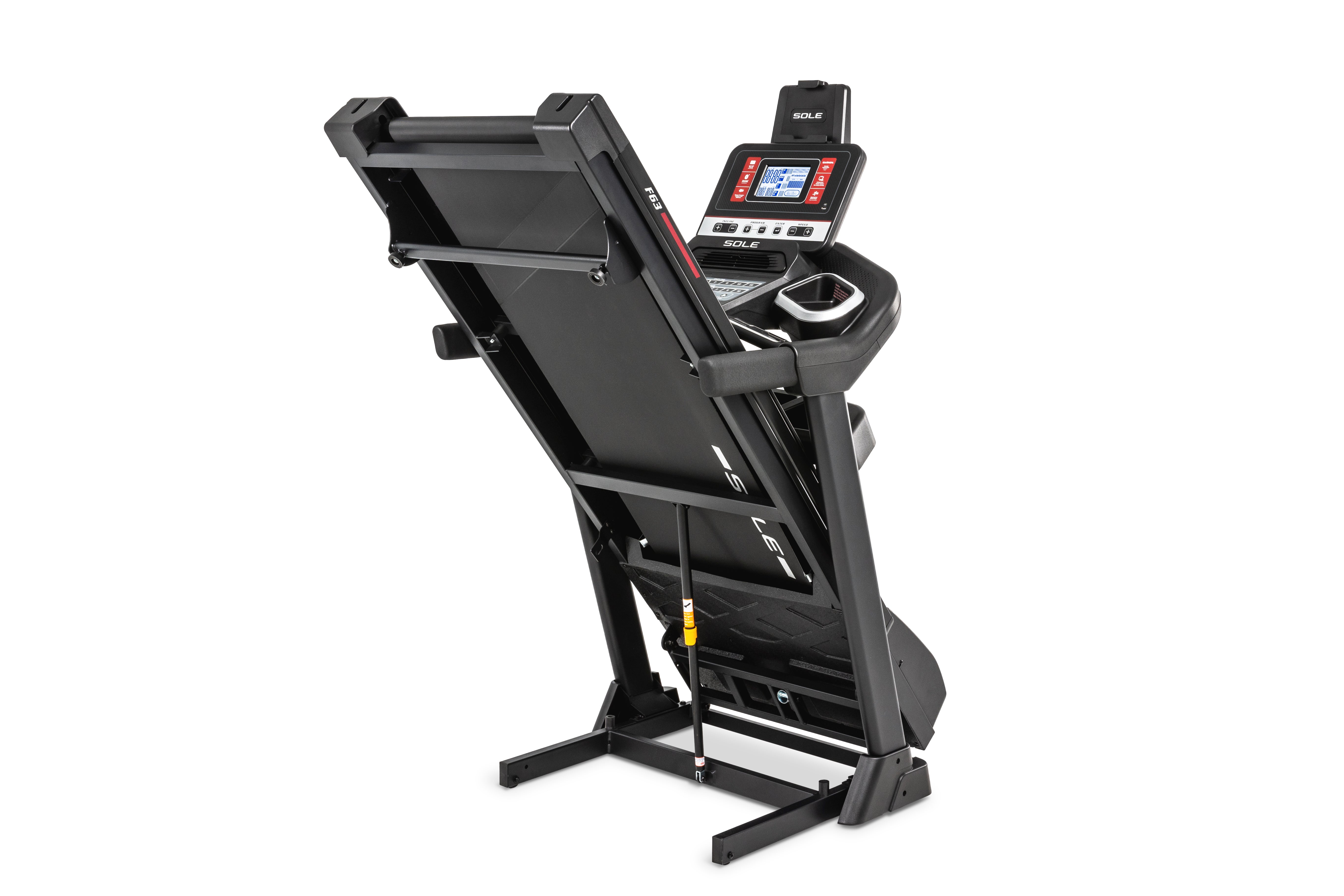 Sole F63 Folding Treadmill with running deck folded, console and buttons with a white background.