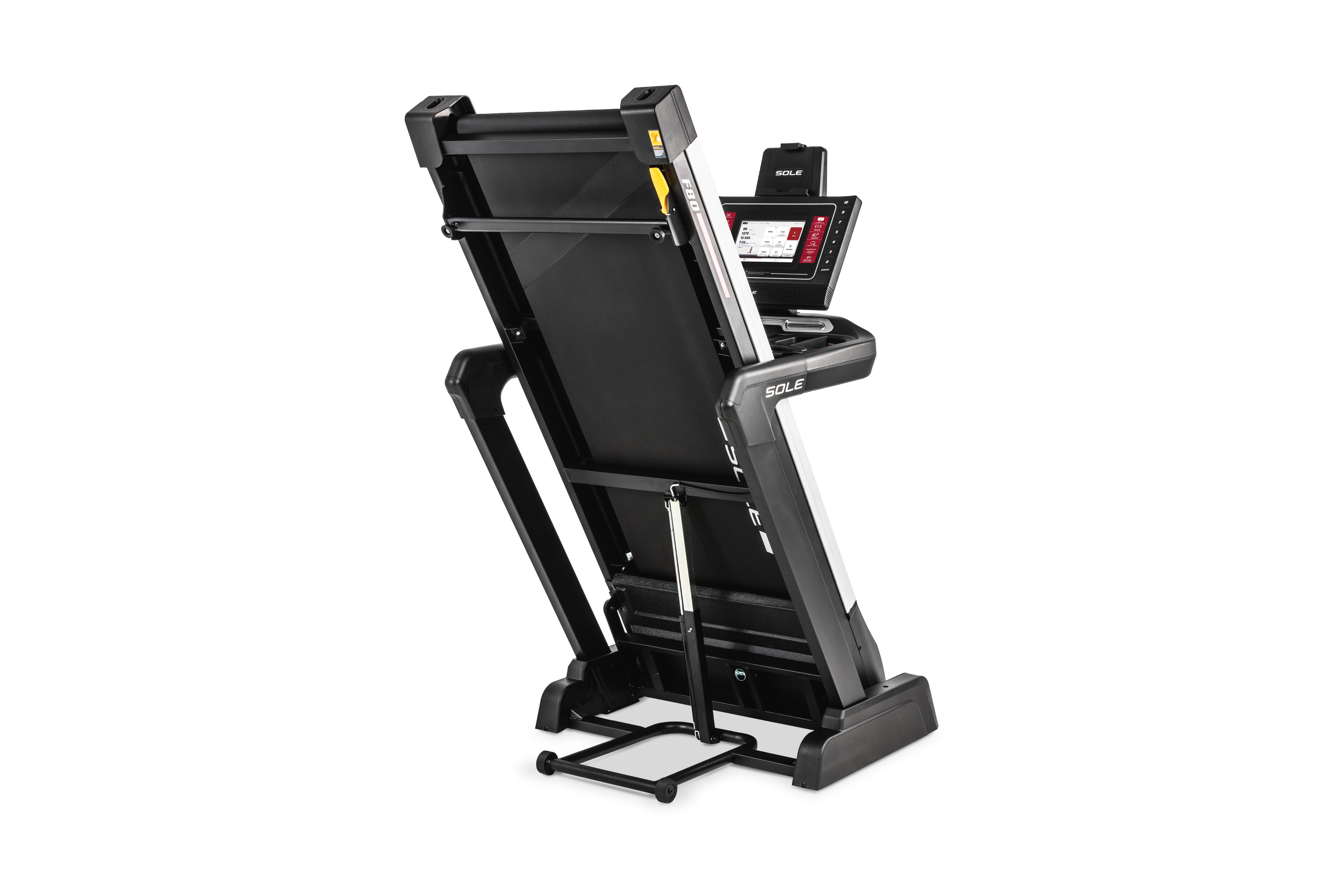 Sole F80 Treadmill in it's folded position with quick release fold down handle.