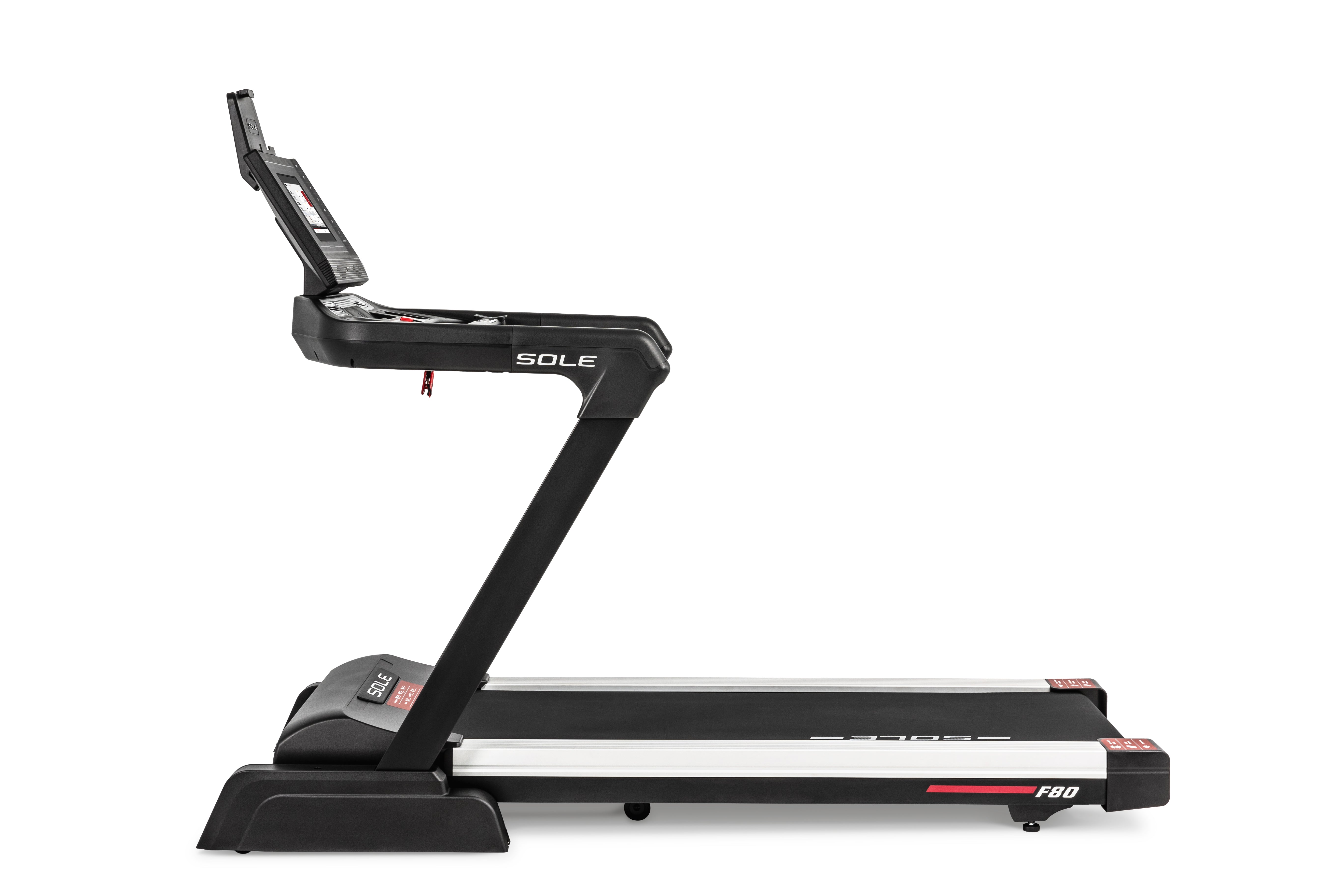 Front angle view of the Sole F80 treadmill showcasing its digital console, sturdy handrails, black frame with "F80" branding, and a spacious running deck with SOLE logo at the base.