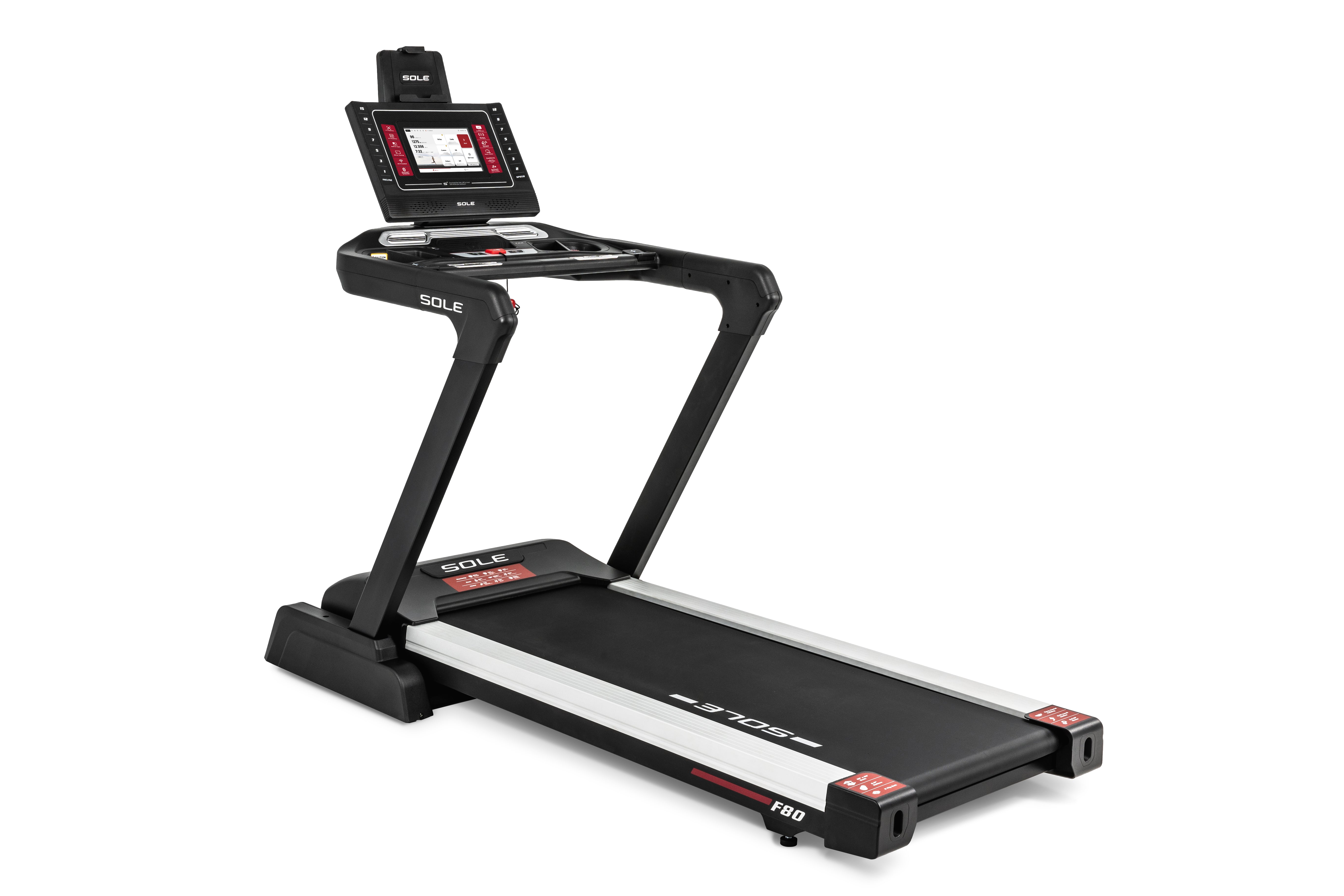 Sole F80 treadmill in an unfolded position, showcasing its digital touchscreen console, tablet holder, control buttons, and the black running deck with "F80" branding on the sides.