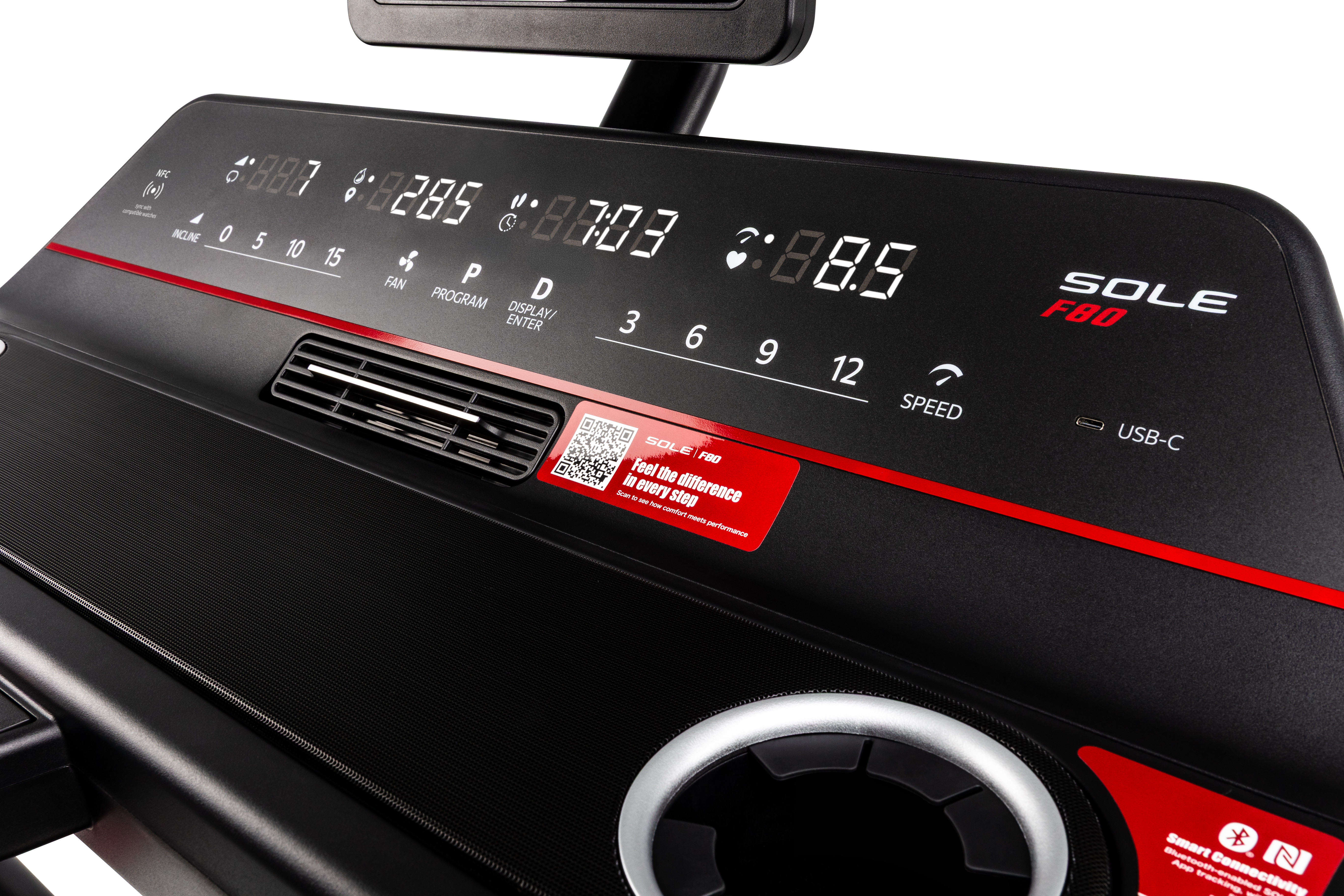 Close-up of a treadmill console with digital display and control buttons, featuring the Sole brand.