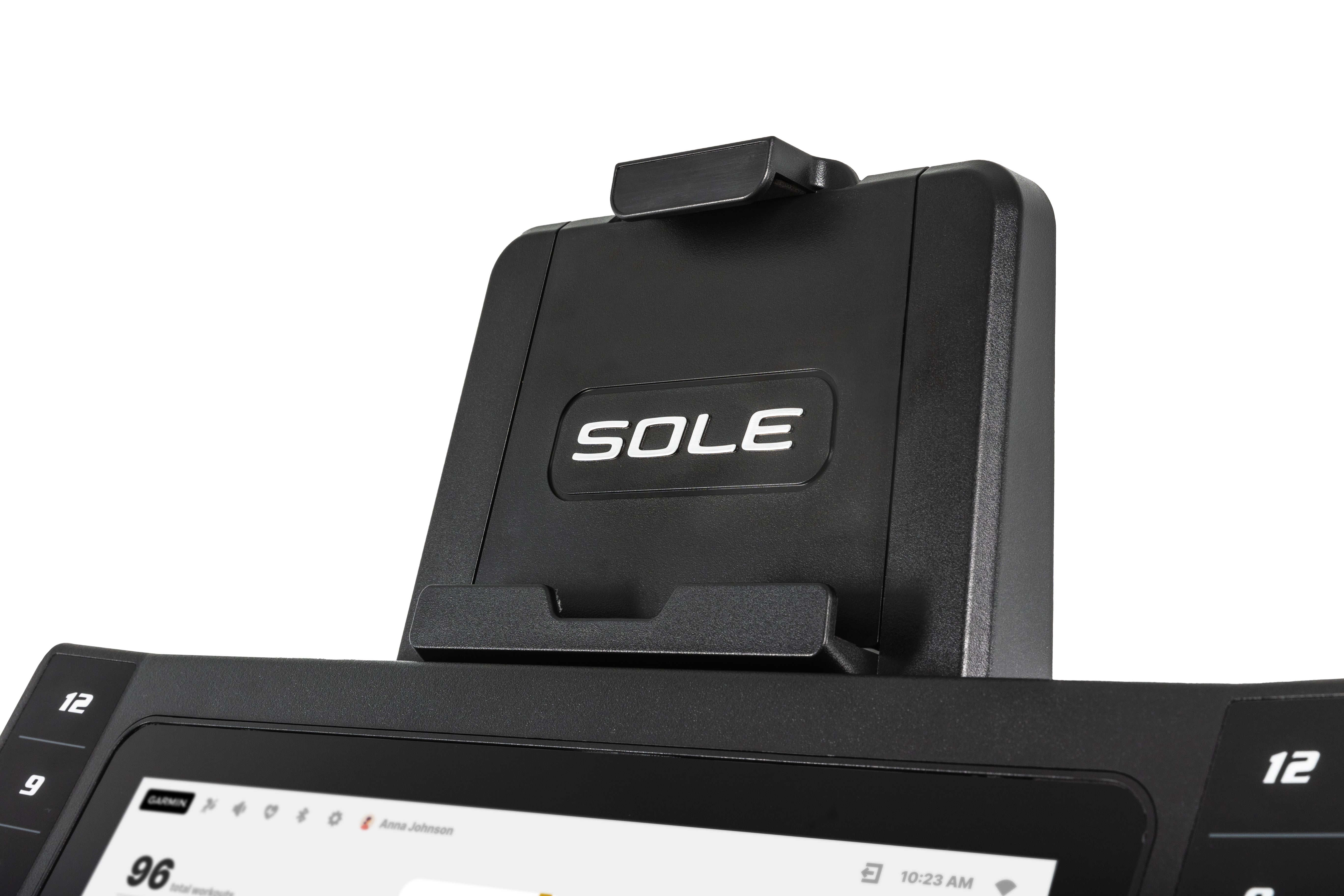 Close-up view of the Sole F85 treadmill's console and display, showing the SOLE logo, speed and incline settings, and a digital screen with user interface.
