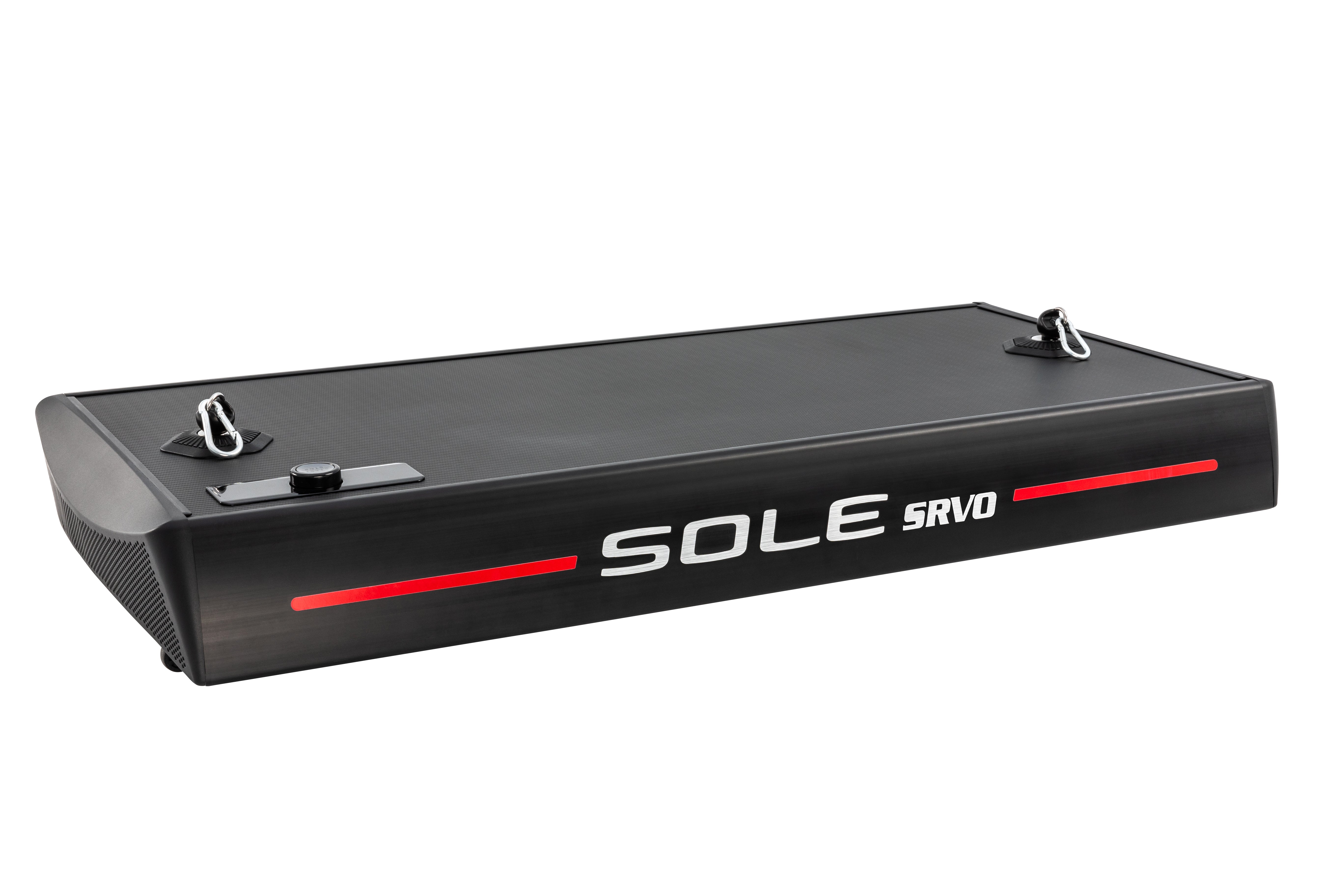 Side perspective of the Sole SRVO resistance platform, featuring a textured black surface, two metal anchor points, and a bold "SOLE SRVO" logo with red stripe detailing.