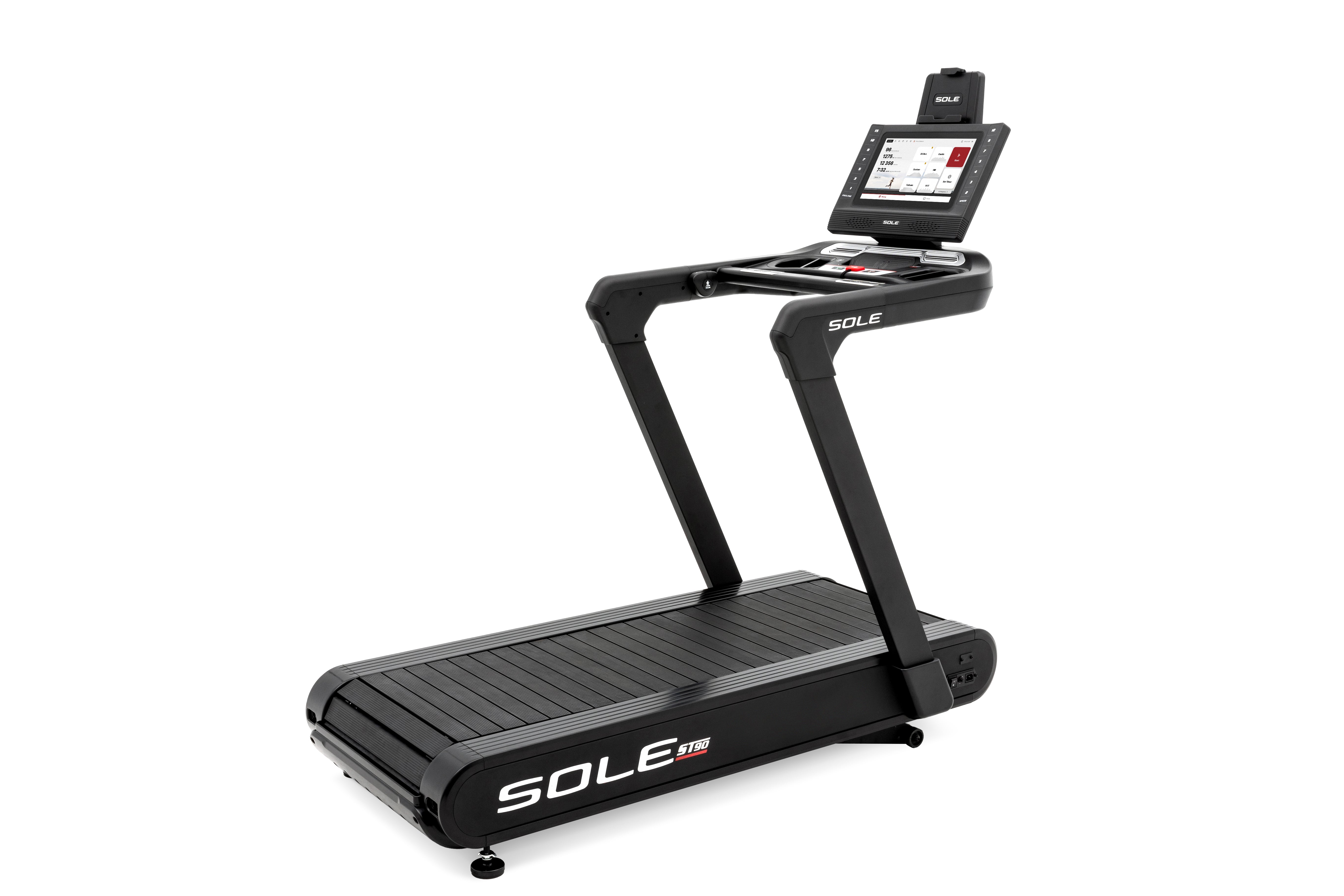 Side view of the Sole ST90 treadmill featuring a digital console with a touchscreen display, sturdy handlebars, and a black running belt with the Sole ST90 logo, set against a white background.