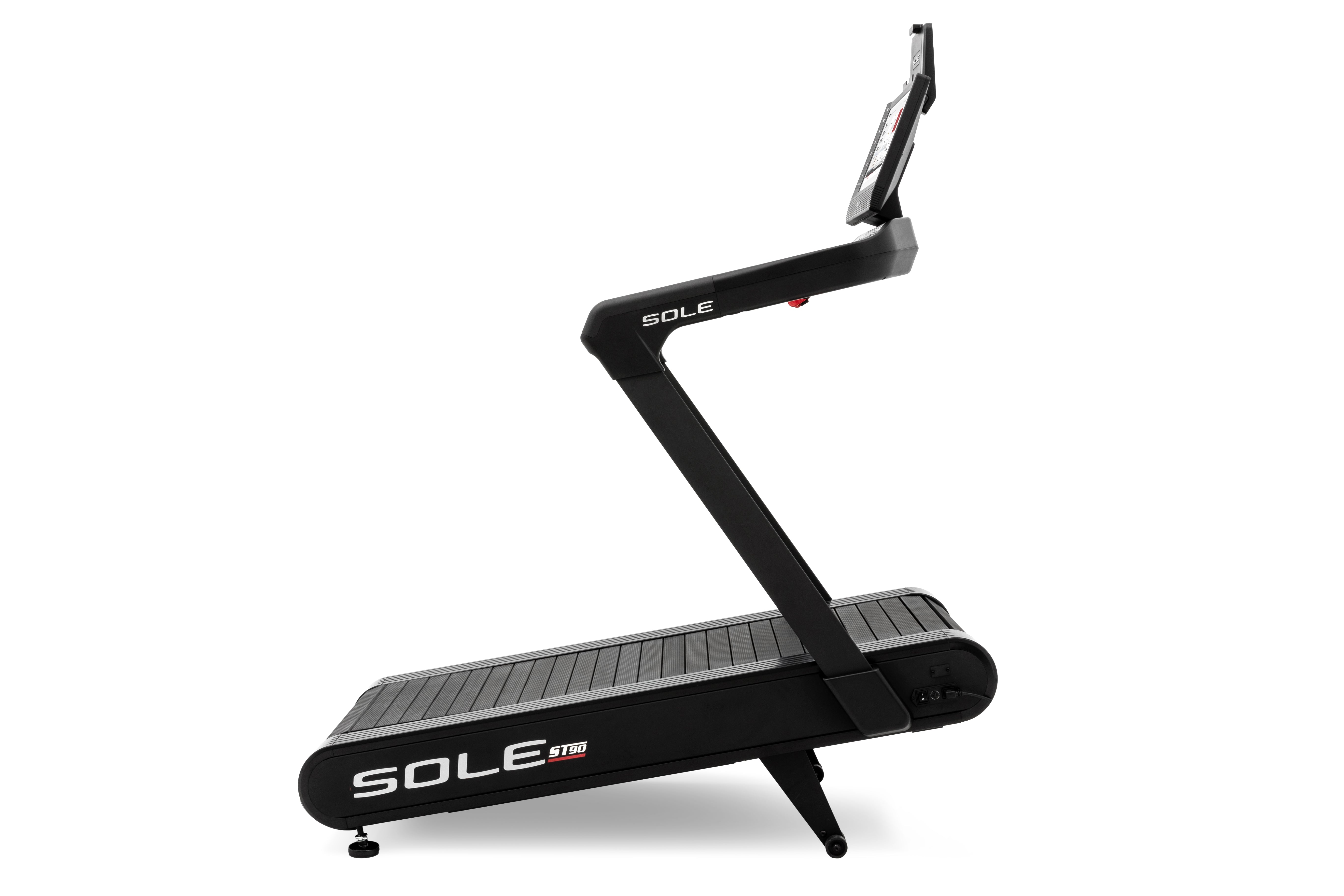 Angled view of the Sole ST90 treadmill showcasing its black frame, digital touchscreen console, branded running belt, and sturdy side arms, all against a white backdrop.