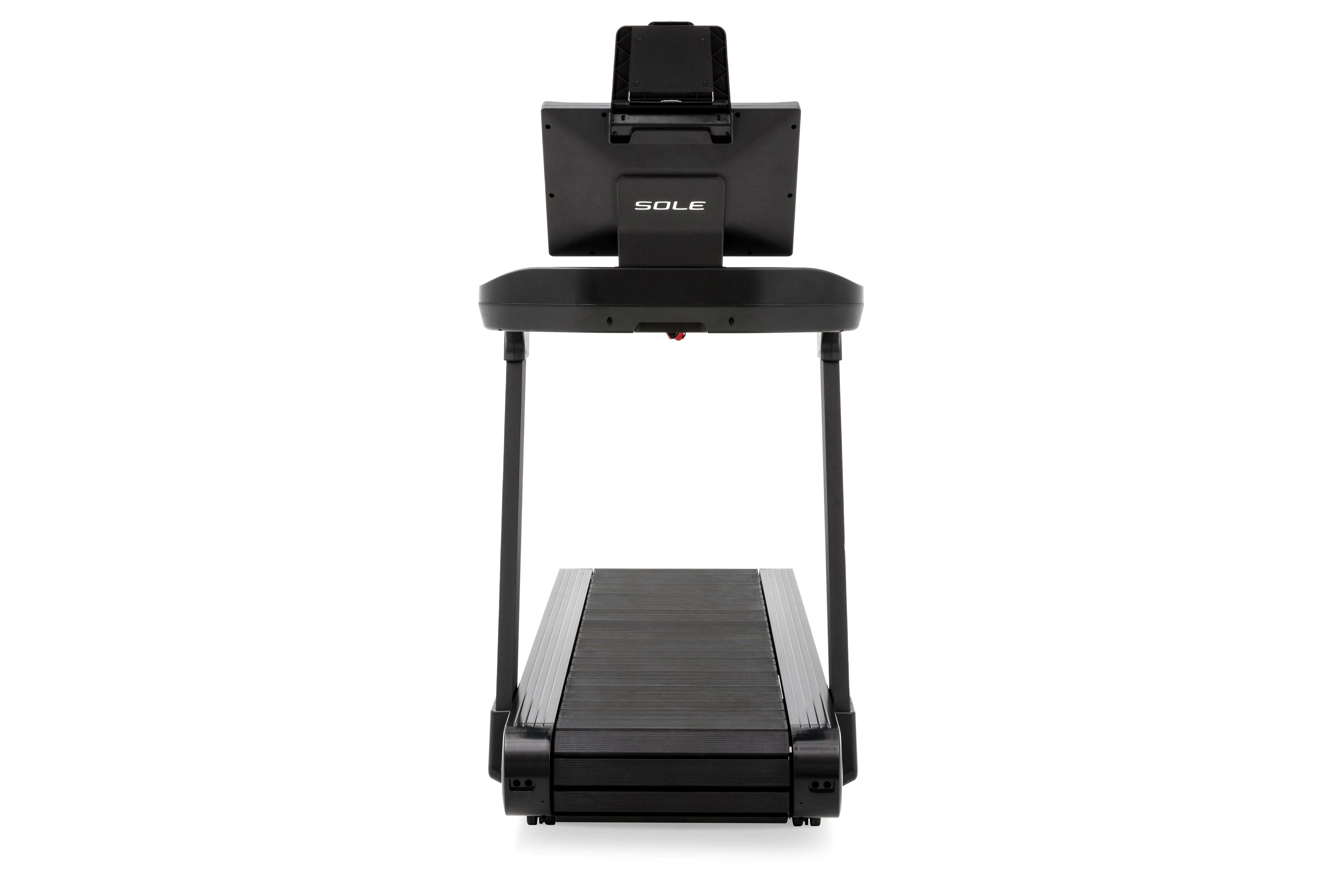 Top-down view of the Sole ST90 treadmill, highlighting its black digital display console with the SOLE logo, handrail, and textured running deck, on a white backdrop.