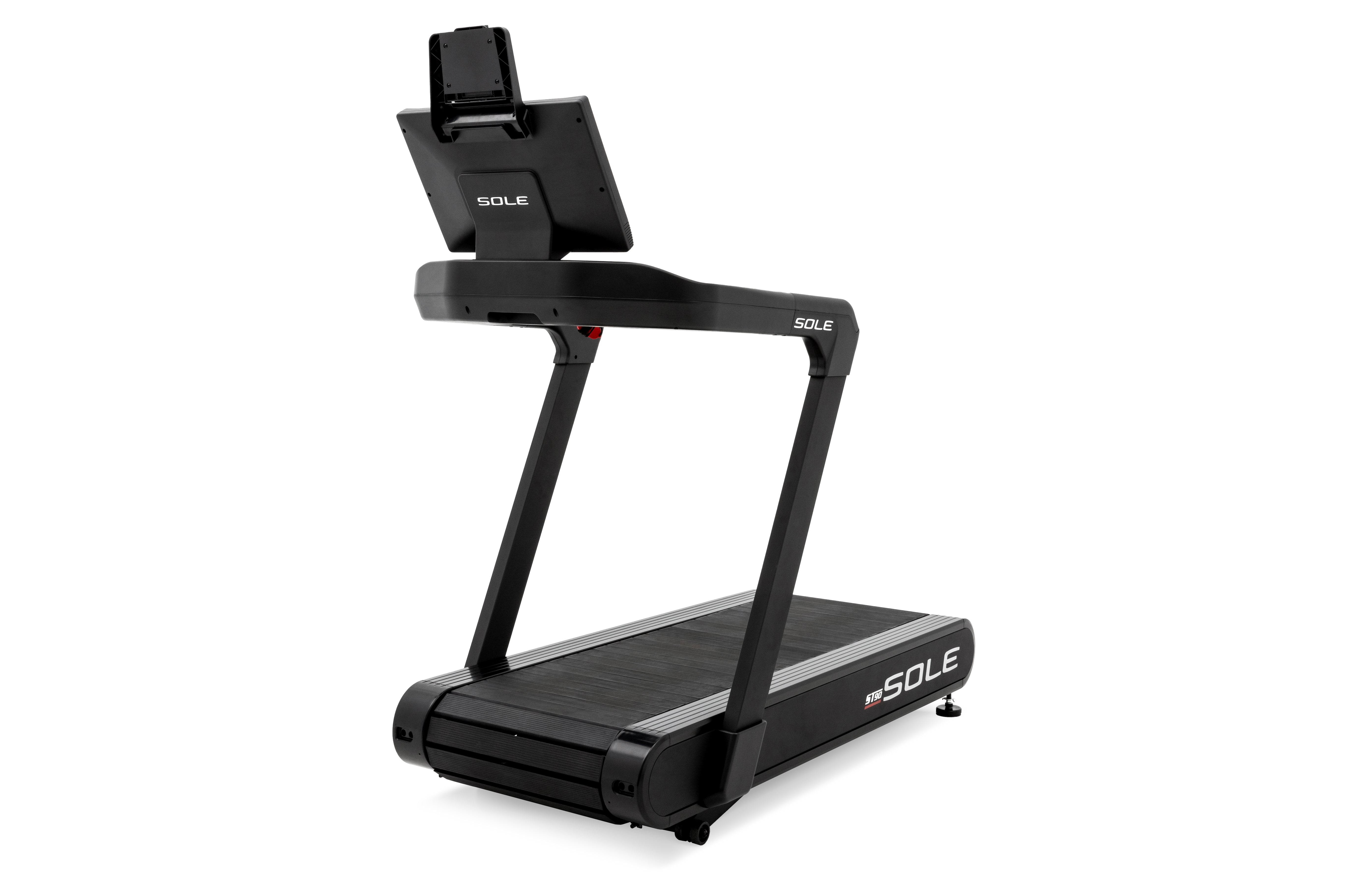 Front perspective of the Sole ST90 treadmill, featuring its black frame, prominent digital display console, branded running belt, and side arms, set against a white background.
