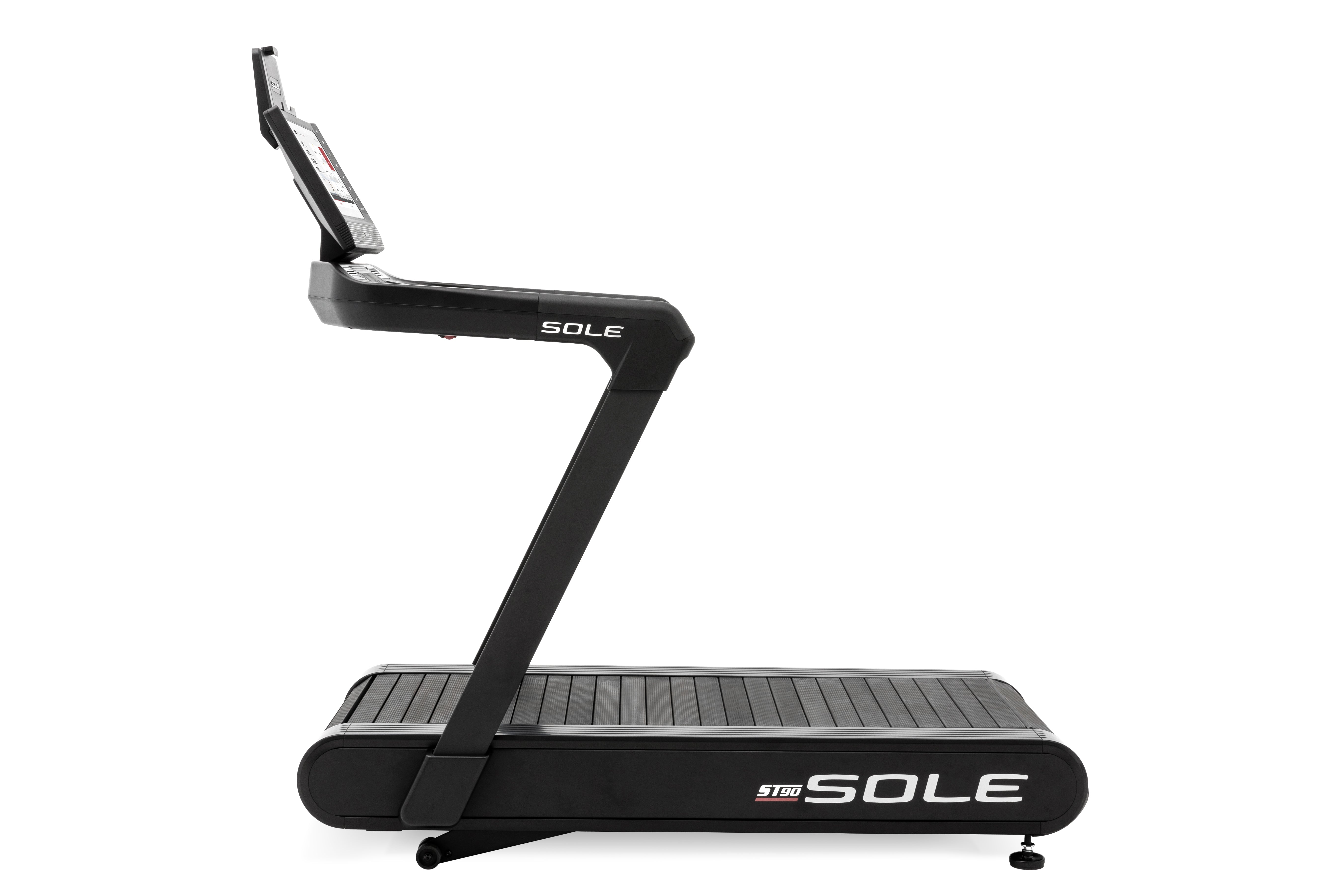 Angled view of the Sole ST90 treadmill showcasing its black frame, digital touchscreen console, branded running belt, and sturdy side arms, all against a white backdrop.