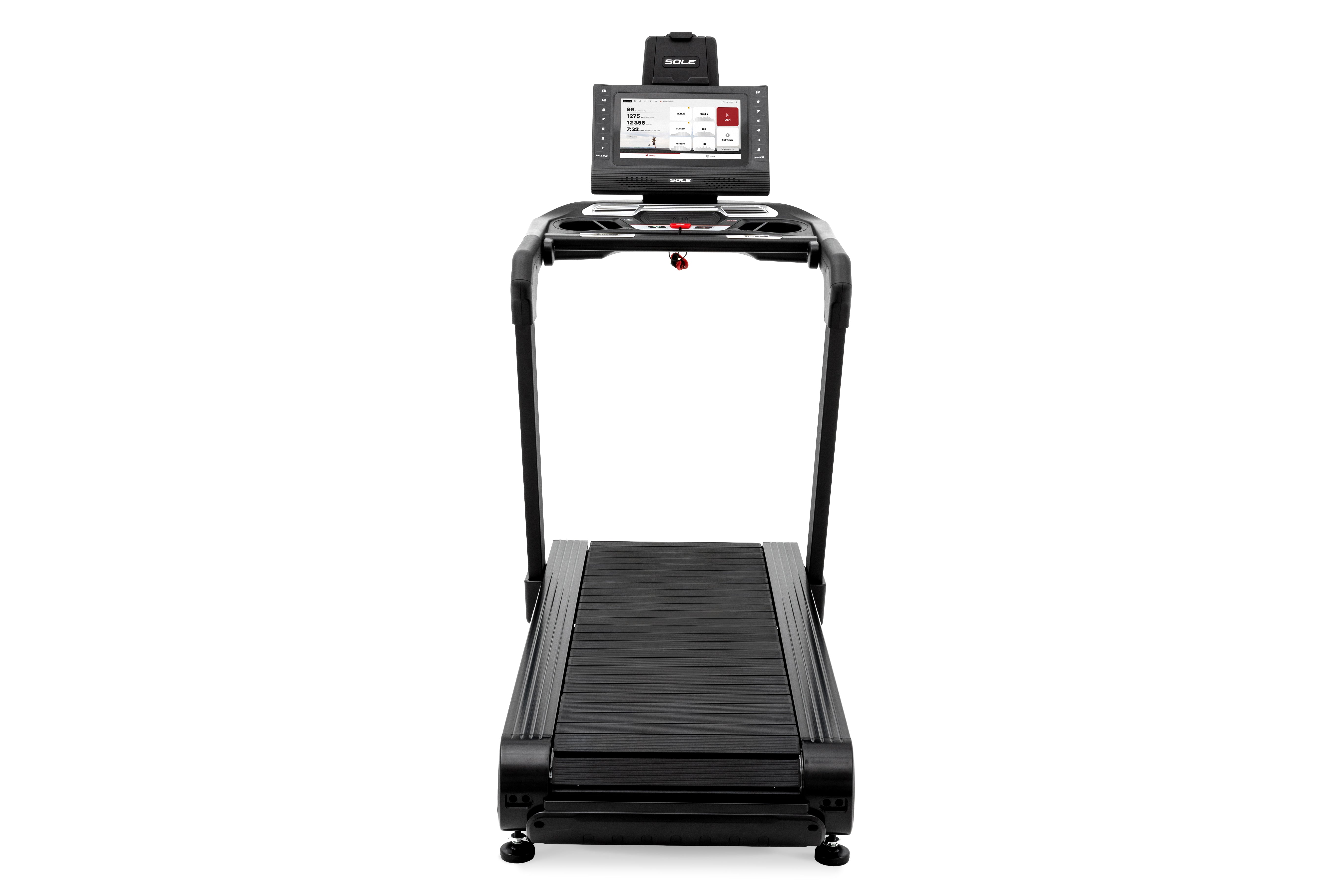 Front view of the Sole ST90 treadmill showcasing its digital touchscreen display with workout metrics, sleek handlebars, and textured running deck against a white background.