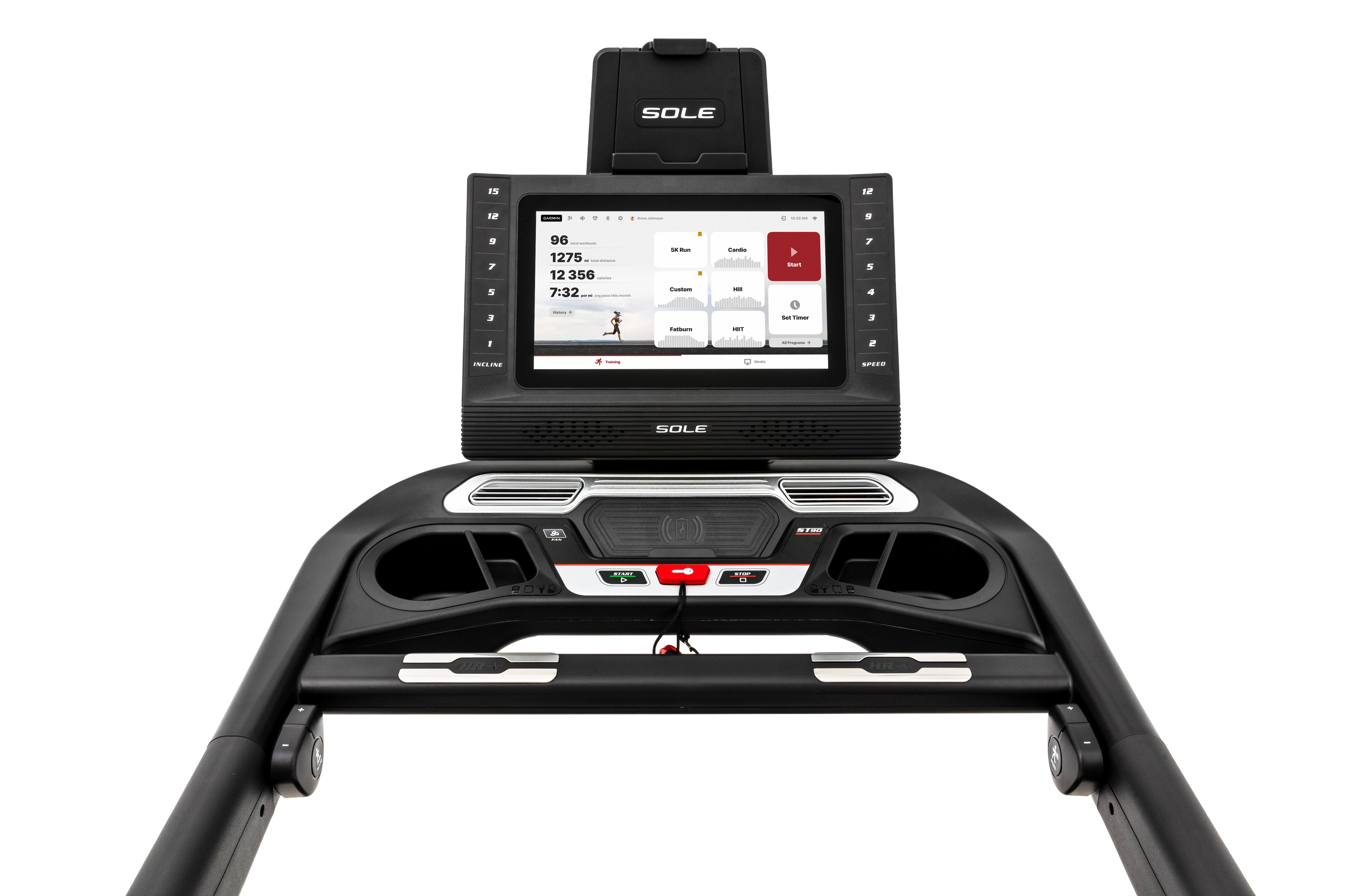 Close-up view of the Sole ST90 treadmill's control panel and touchscreen display, highlighting workout metrics, buttons, and brand logo, set against a white background.