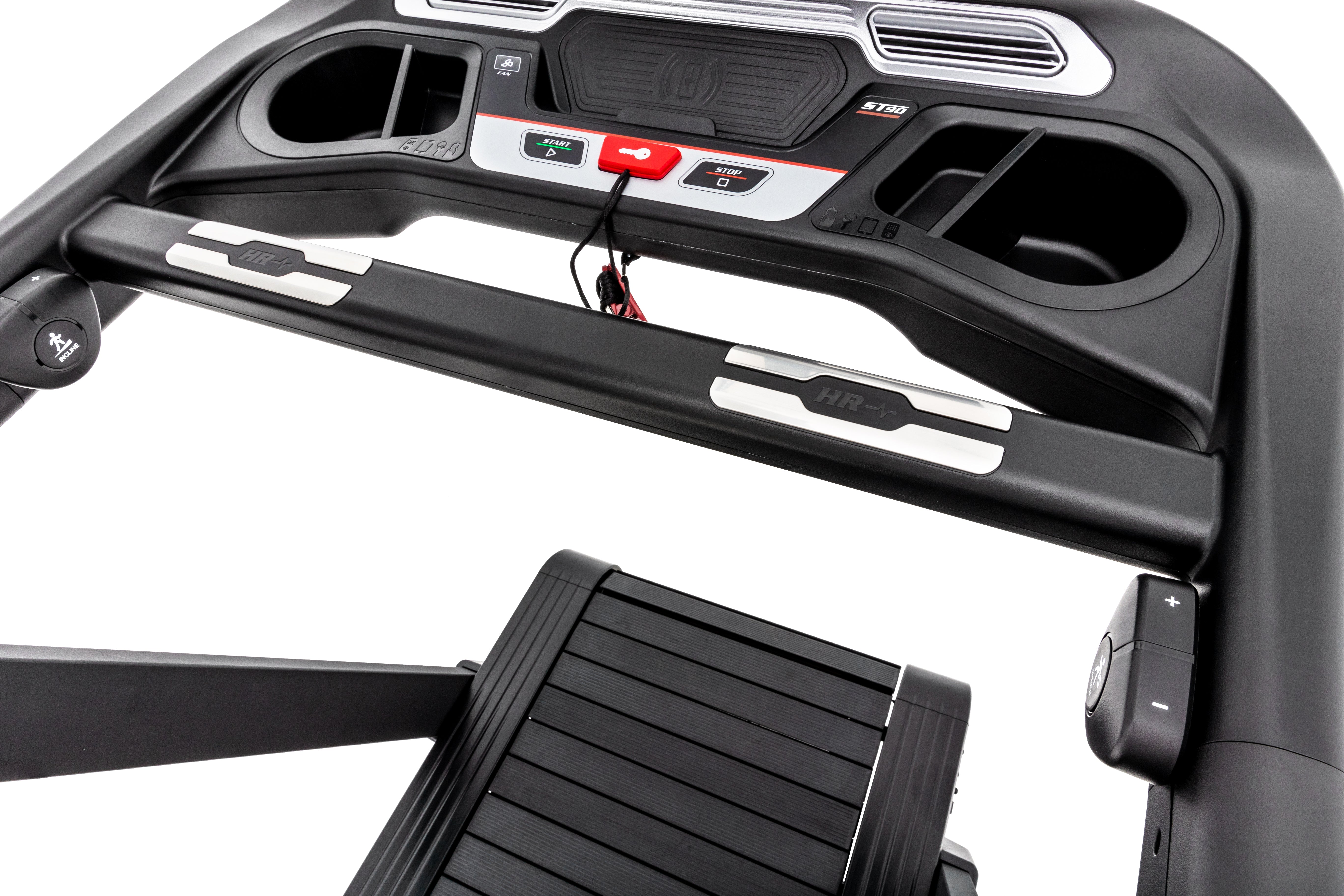 Top-down view of the Sole ST90 treadmill, showcasing its control panel with start and stop buttons, beverage holders, safety key tether, and a glimpse of the running belt with side railings.