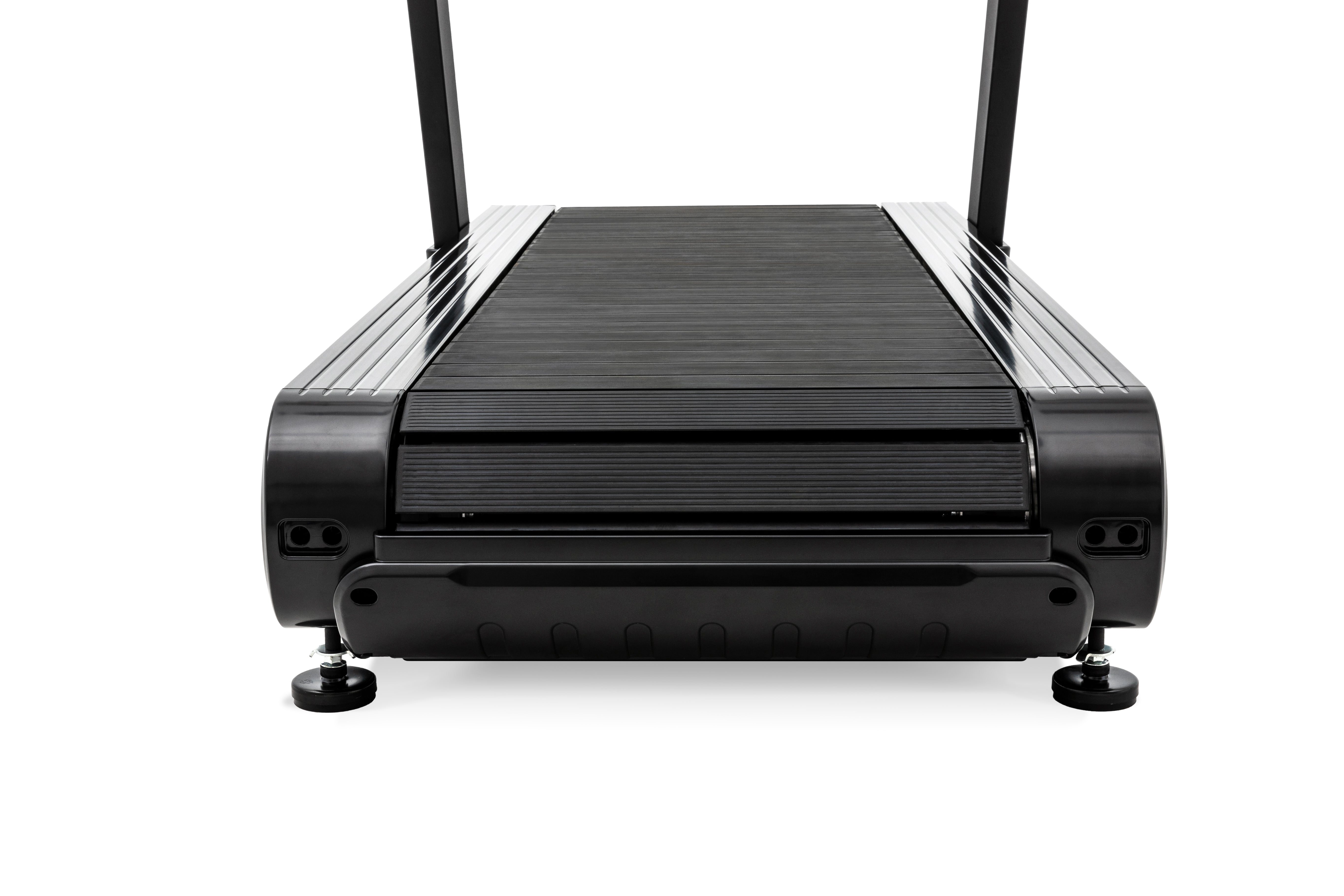 Close-up view of the Sole ST90 treadmill from the rear, showcasing its textured running belt, sleek black side panels, and stabilizing feet.