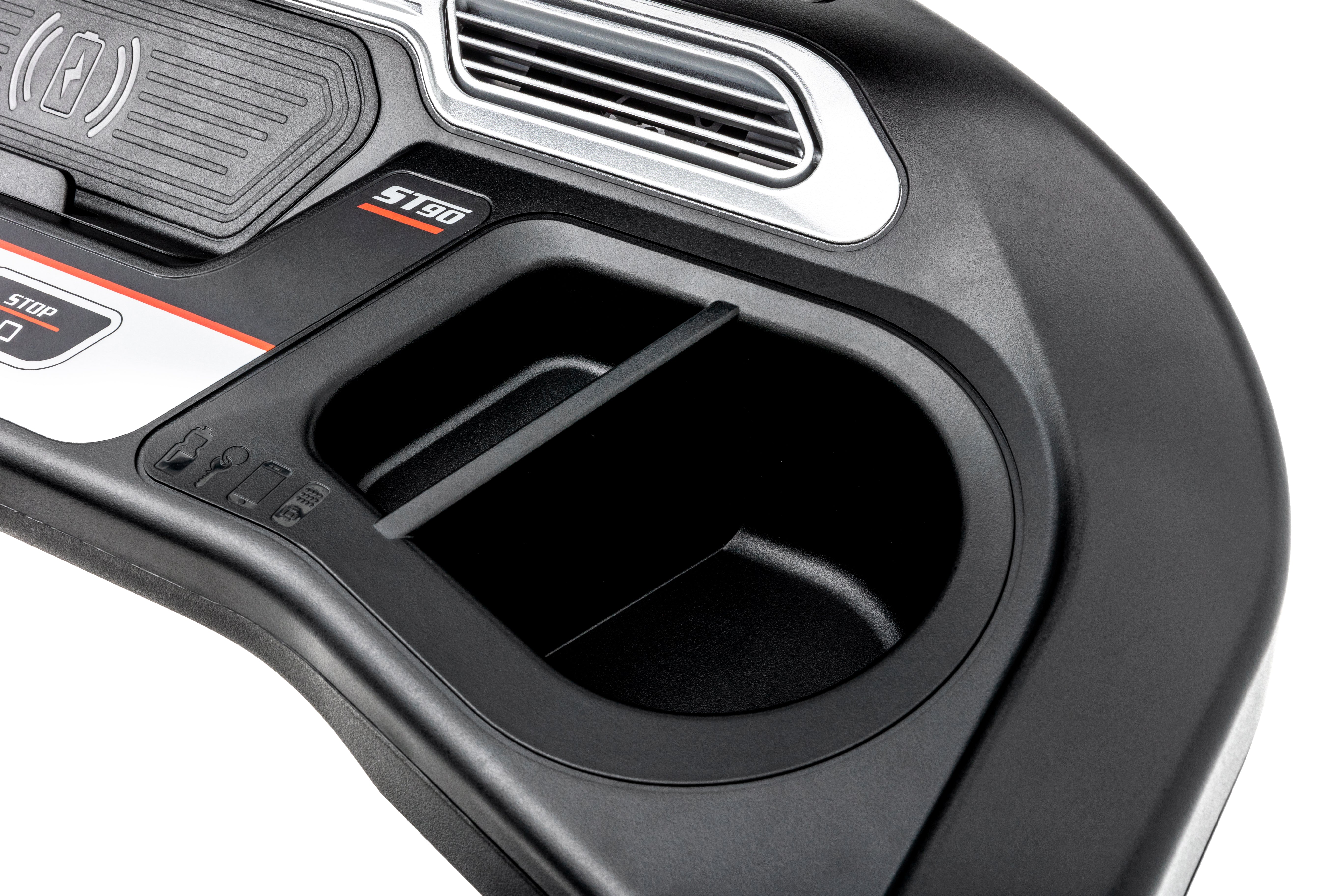 Close-up of the Sole ST90 treadmill's control panel showing the "ST90" label, start and stop buttons, cup holder, and vent details.