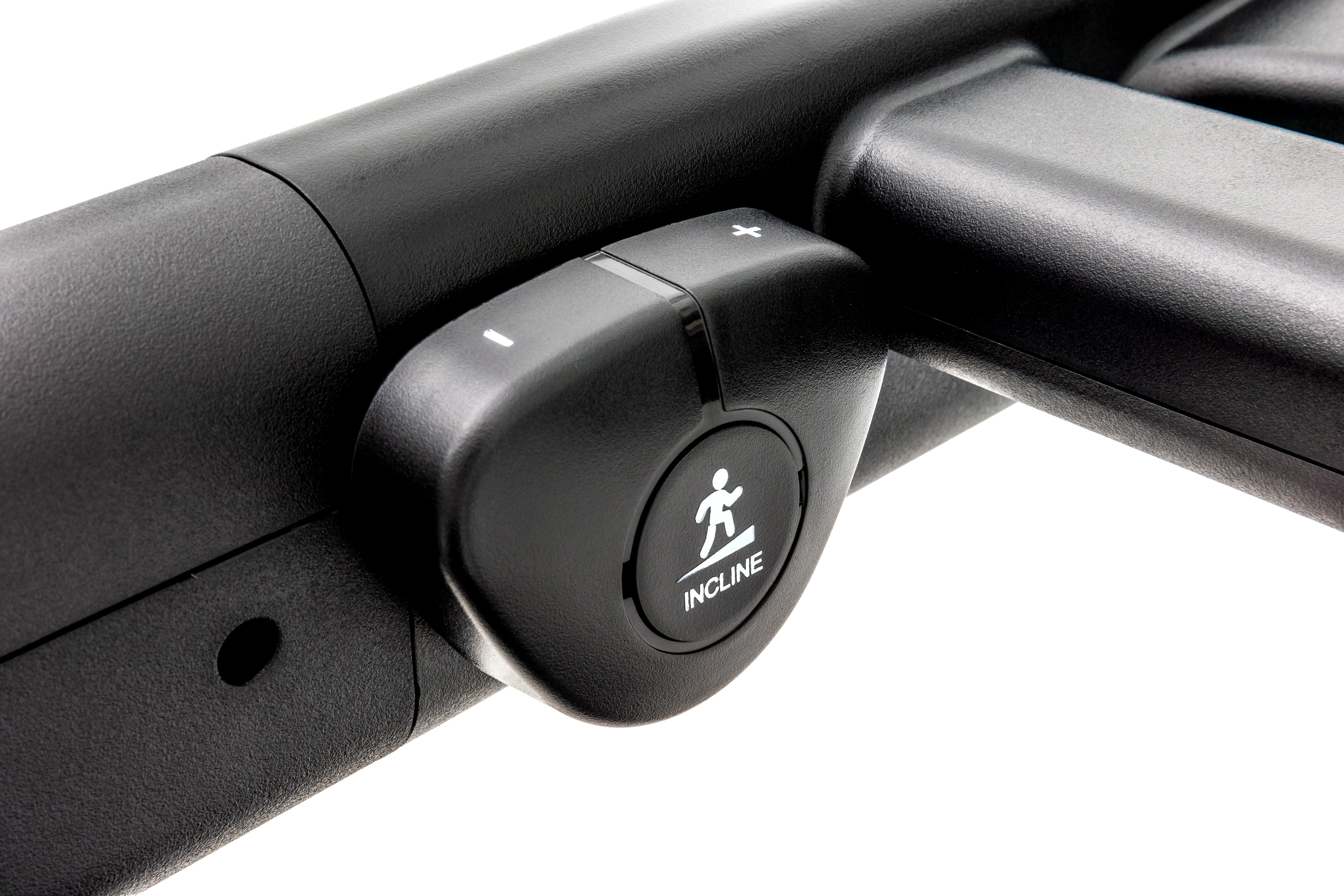 Close-up of the Sole ST90 treadmill's handlebar featuring the "INCLINE" adjustment button with a runner icon and plus-minus controls.