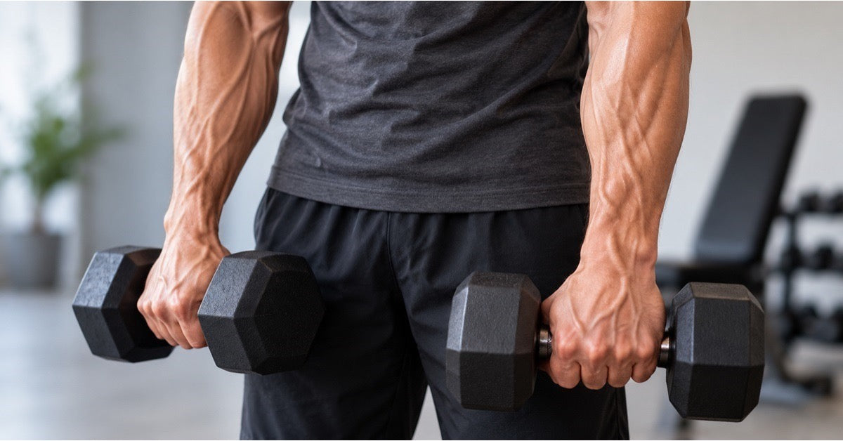 Close-up of forearms and hands holding dumbbells with visible veins