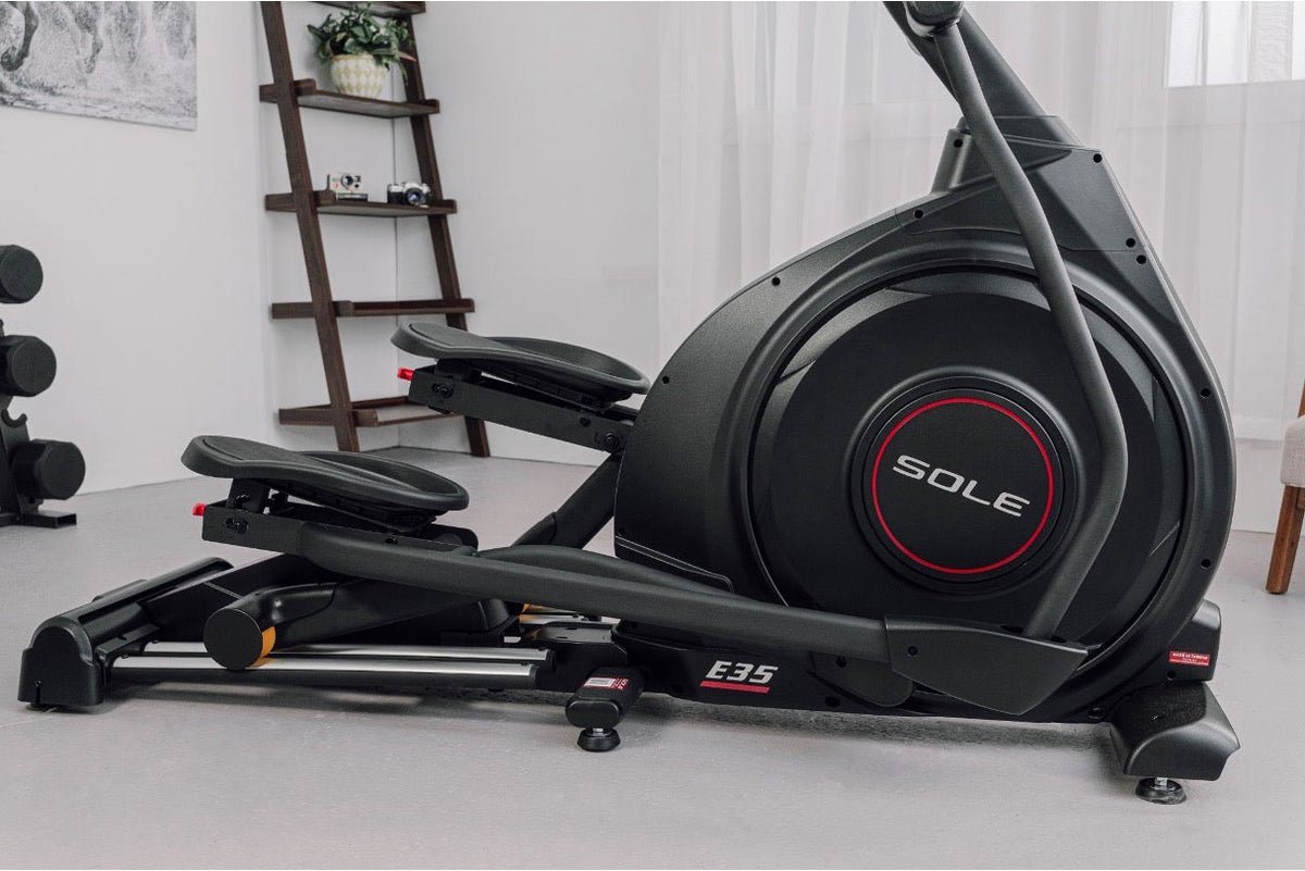 Close-up view of a SOLE E35 elliptical machine