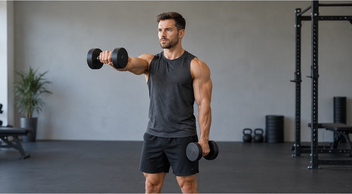 Man performing a dumbbell front raise with one arm at shoulder height