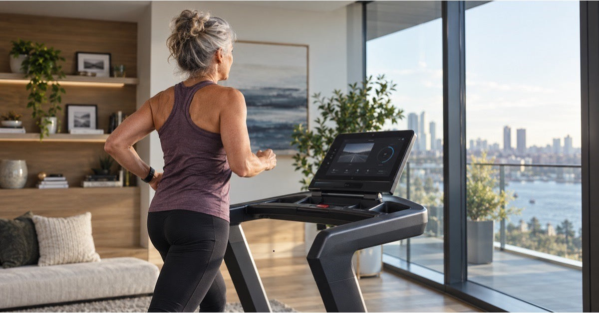 Older woman walking hands-free on a treadmill, showing the balance it requires.