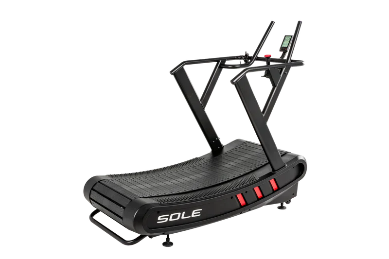 SOLE C80 black curved manual treadmill with wide slat belt, red resistance controls, and handlebar monitor; self-powered design that runs in both directions.