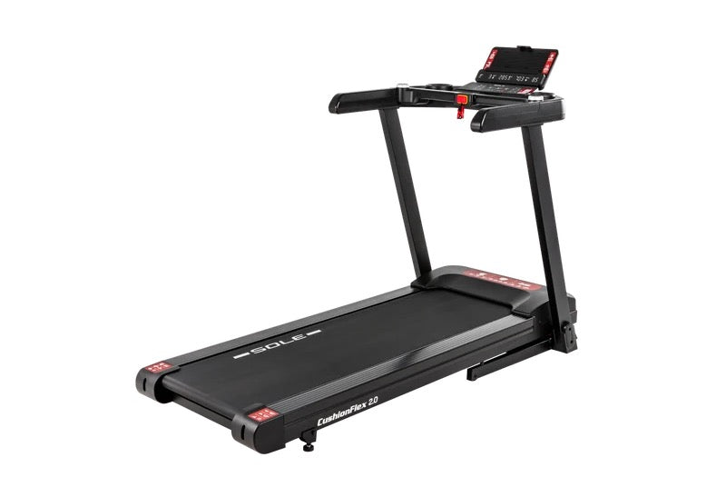 SOLE treadmill featuring Cushion Flex cushioning system, shown in black with a digital display console and foldable design
