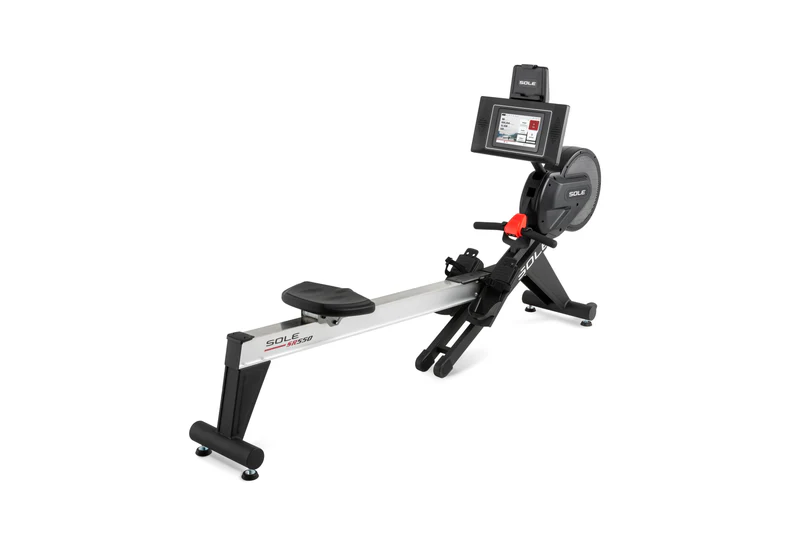 The SOLE SR550 Rowing Machine, in a side view, features a sleek design with comfortable seat and digital display for tracking workout progress