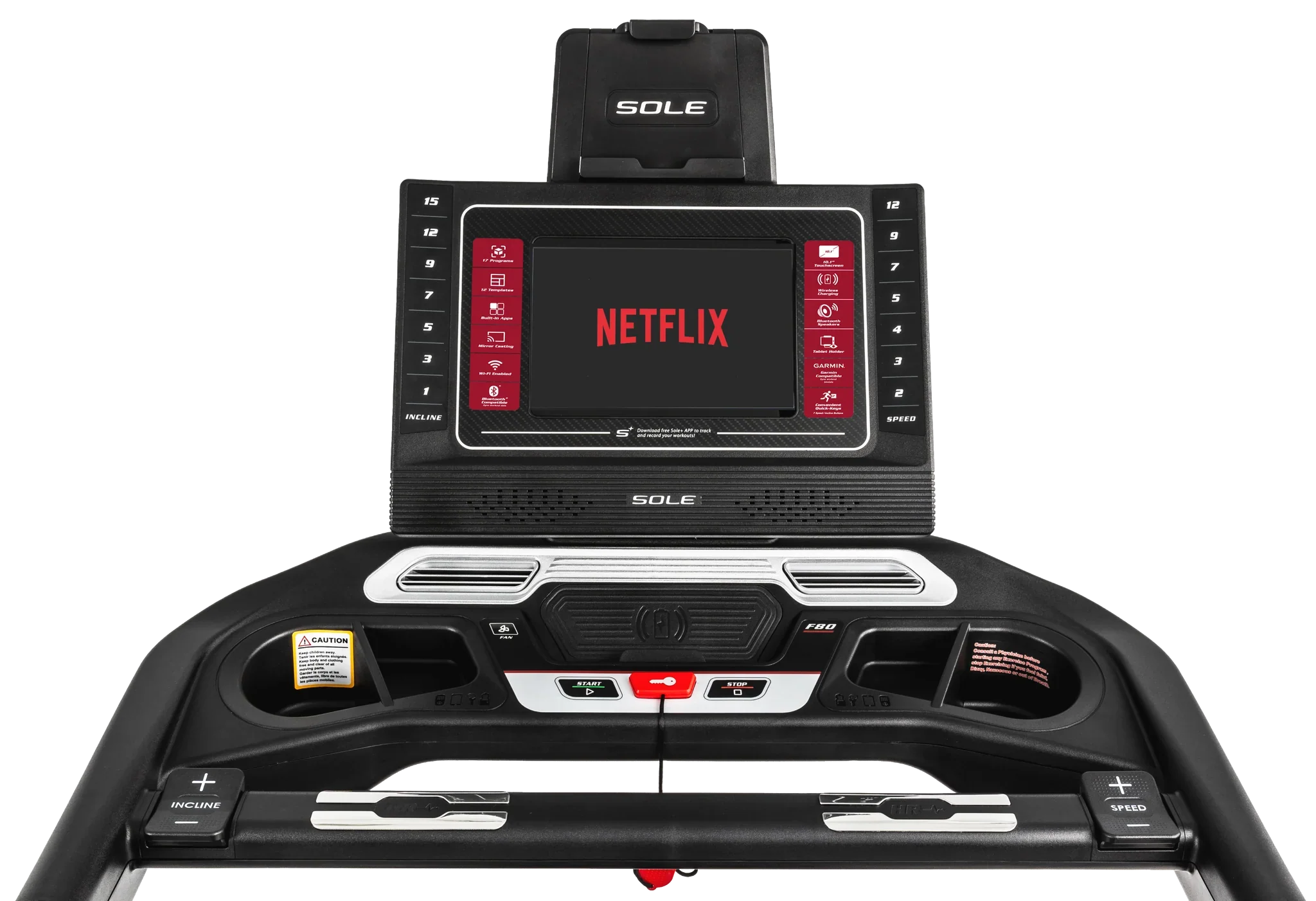 SOLE F80 built-in screen showing streaming content