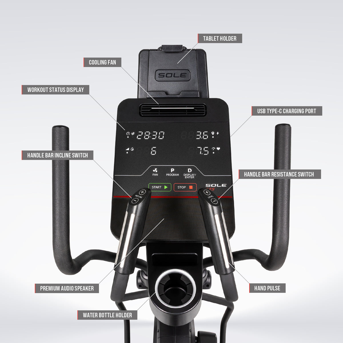SOLE E25 Elliptical feature infographic