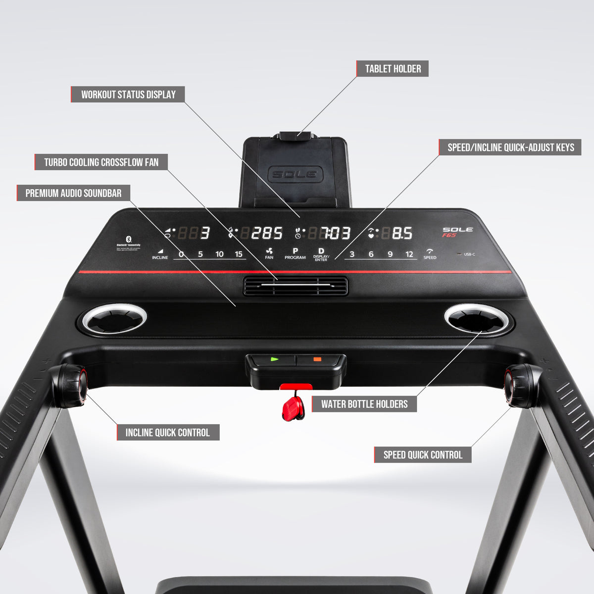 SOLE F65 Treadmill feature and specification infographic