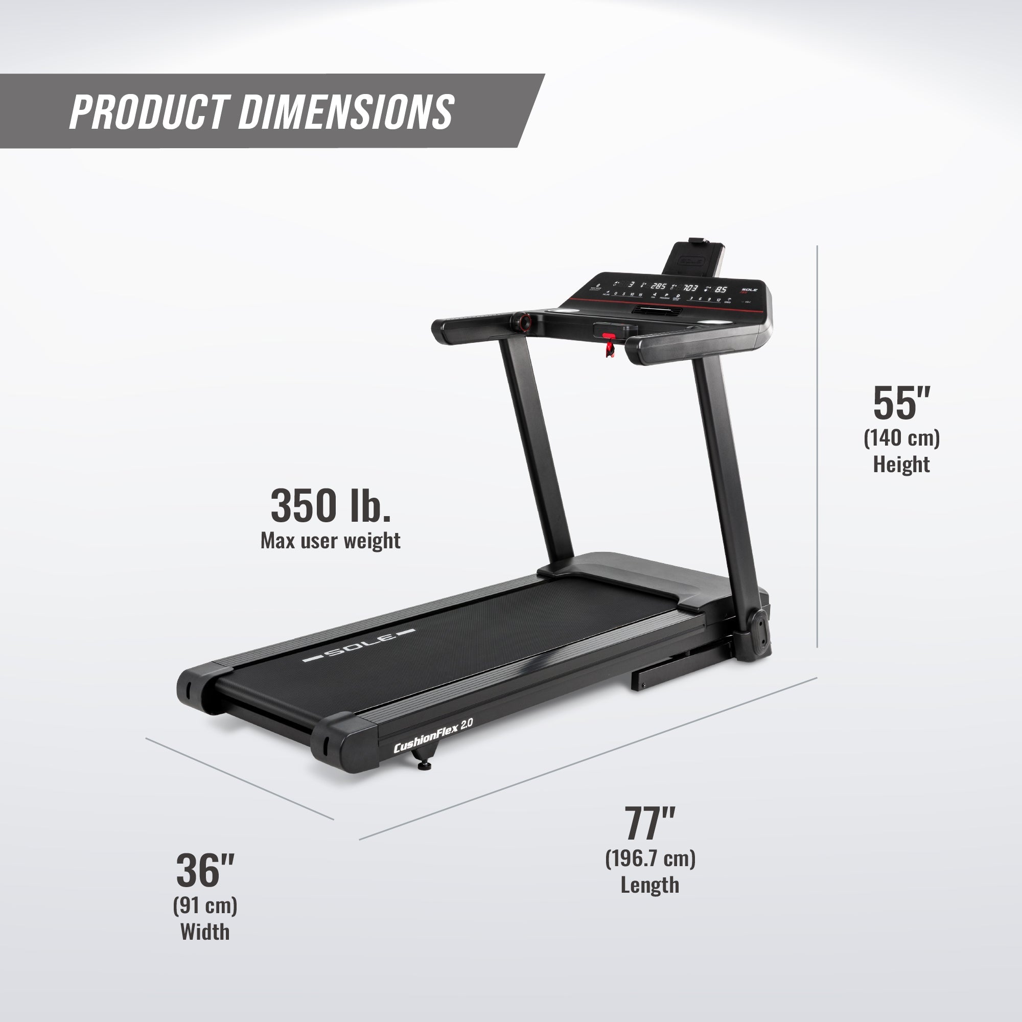 SOLE F65 Treadmill feature infographic