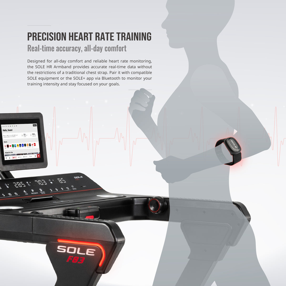 SOLE F83 infographic: precision heart rate training, showing the SOLE HR armband pairing over Bluetooth for real-time heart rate on the console.