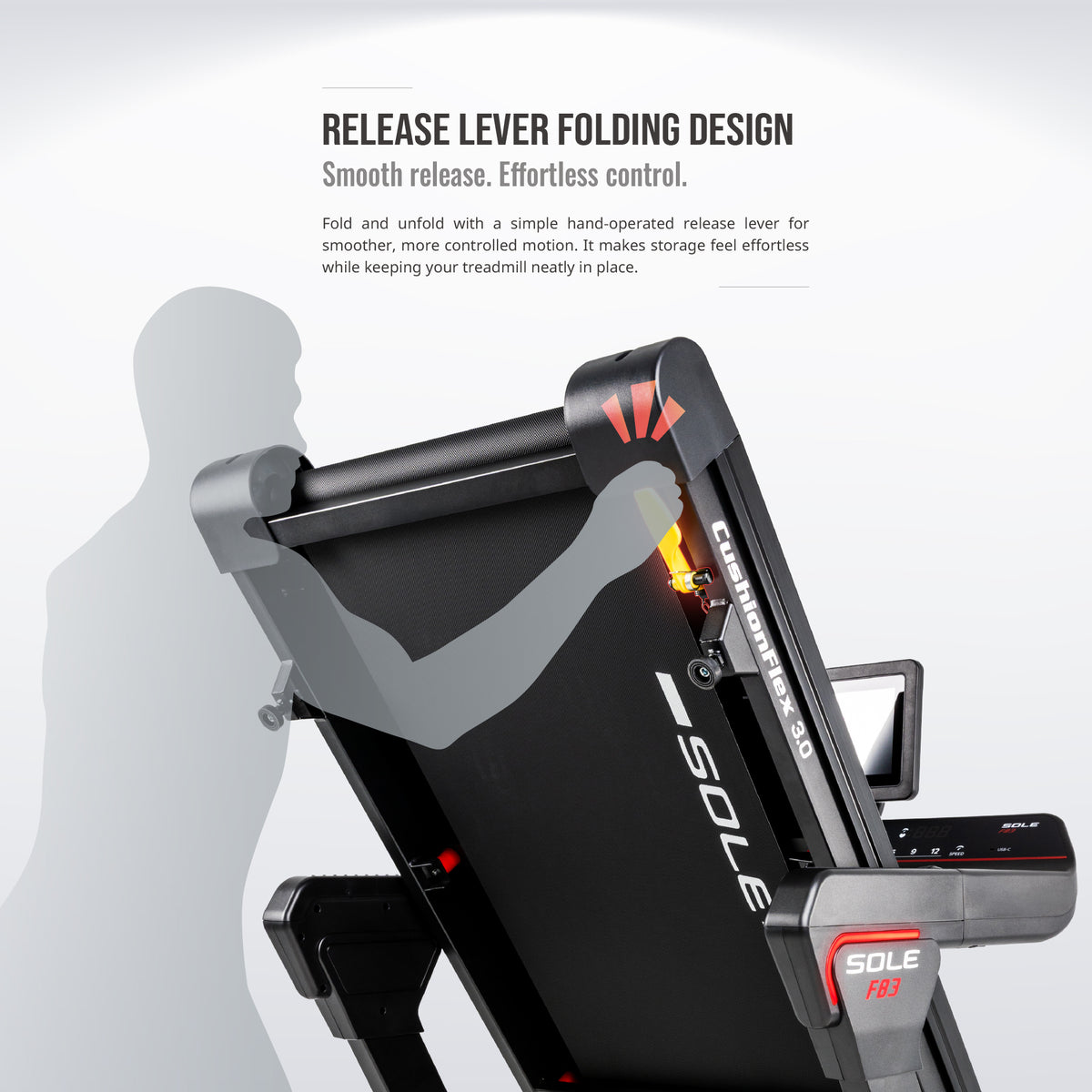 SOLE F83 infographic: the release-lever folding design, a hand-operated lever that folds and unfolds the deck in one smooth, controlled motion.