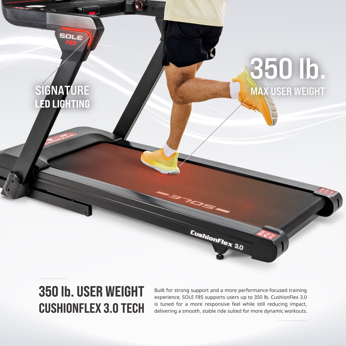 SOLE F85 Treadmill feature infographic