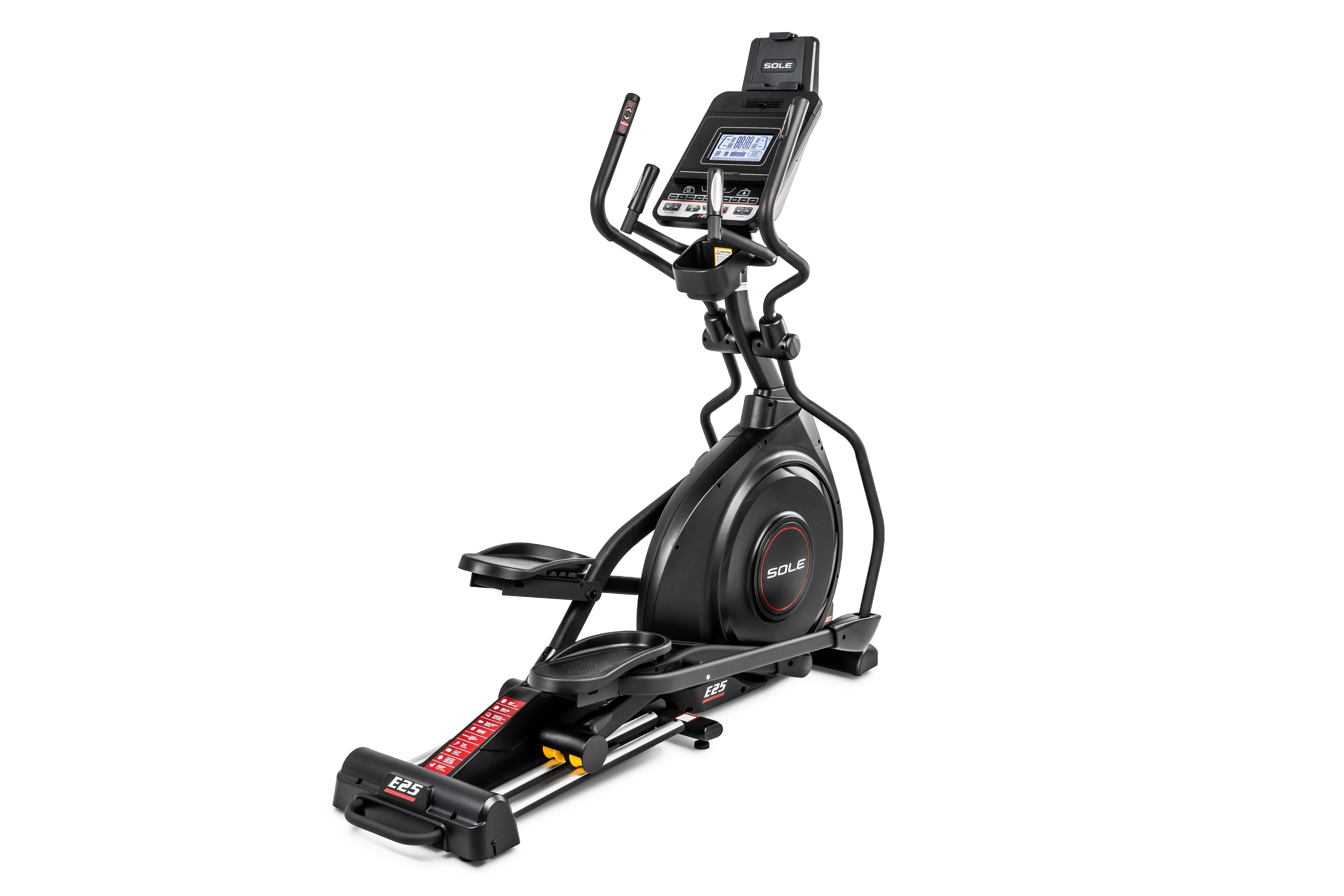 Sole E25 elliptical machine with a digital display, ergonomic handles, and adjustable foot pedals, set against a white background.
